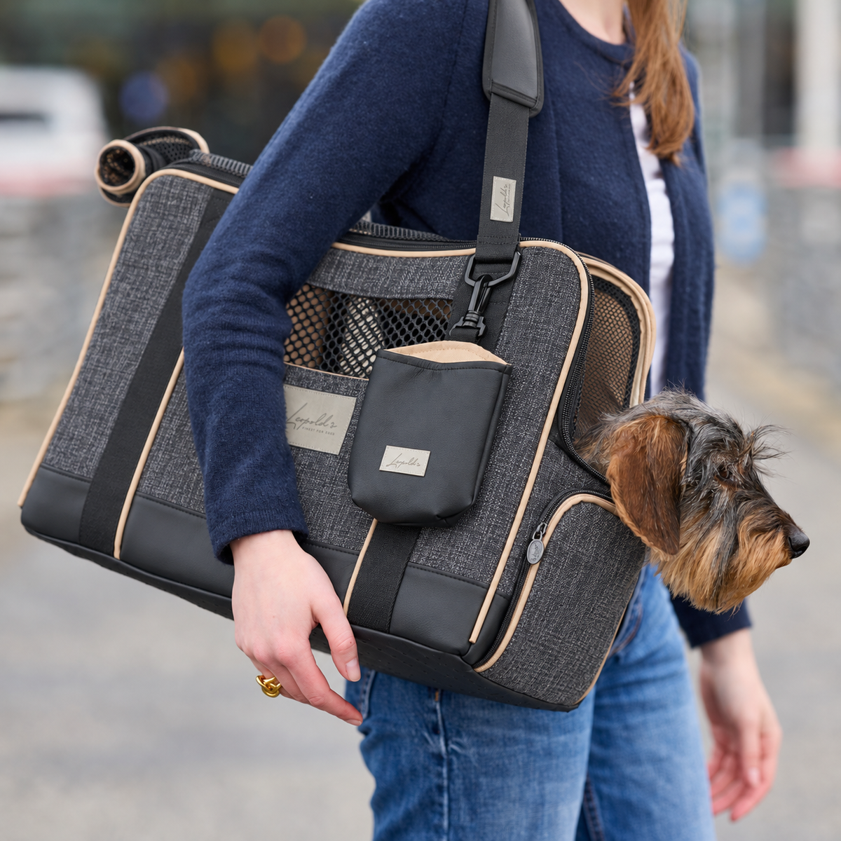 Flugtasche SkyBag anthrazit mit gepolsteretem Schultergurt gertragen über der Schulter mit Dackel in der Tasche