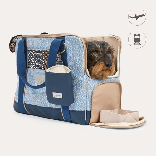 Hund in Hunde Flugtasche Hellblau mit Reisenapf, veganem Lederboden und vier Fenstern zur optimalen Belüftung | Leopold's Finest