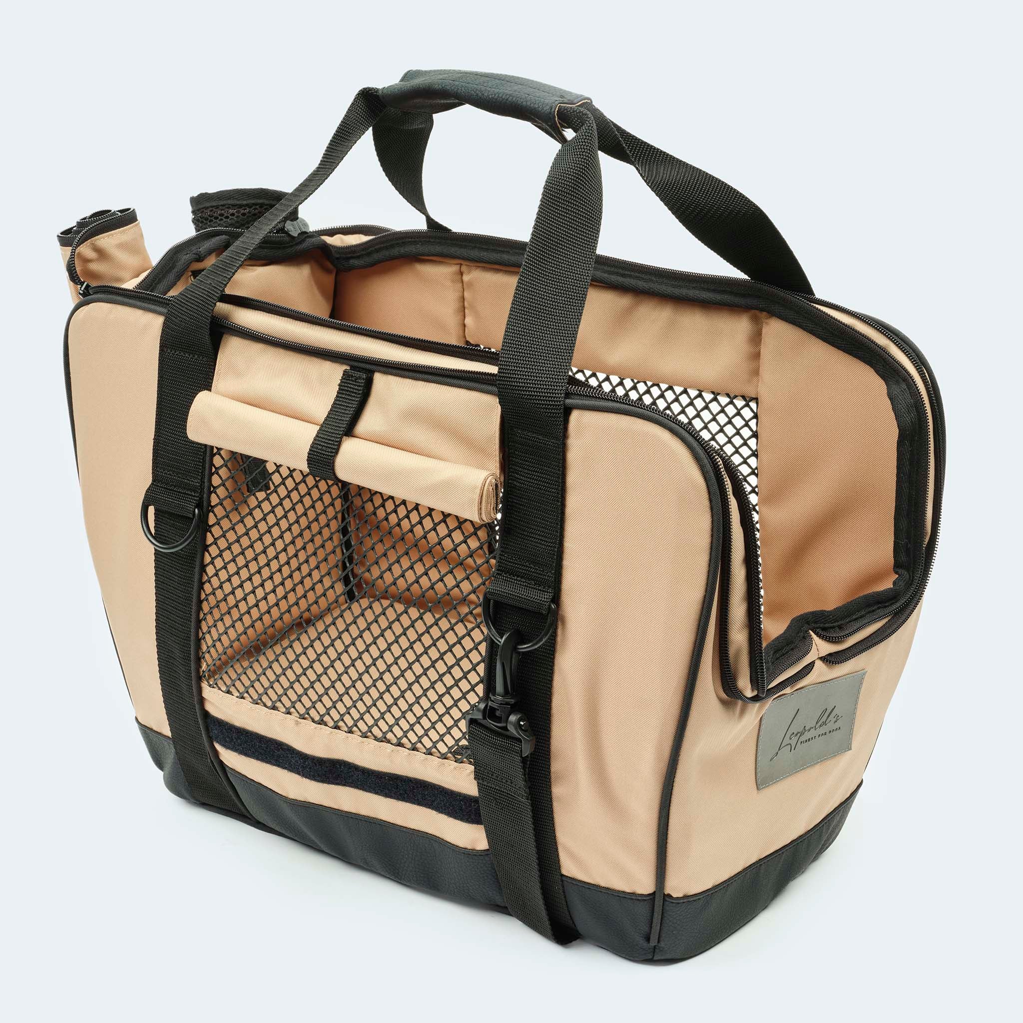 Fahrradtasche für Hunde in beige alles offen