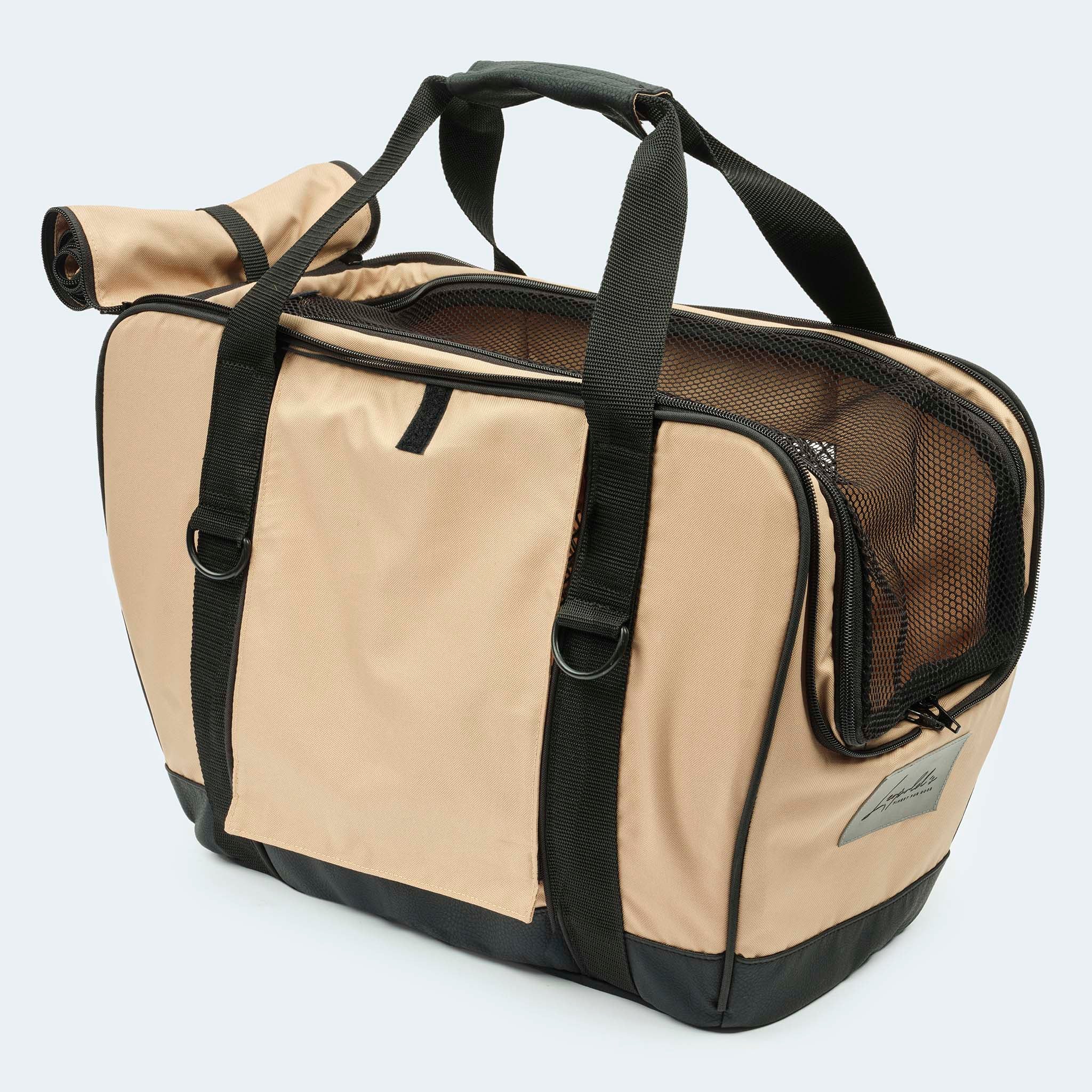 Fahrradtasche für Hunde in beige Sonnenschutz aufgerollt Netz und Seiten geschlossen
