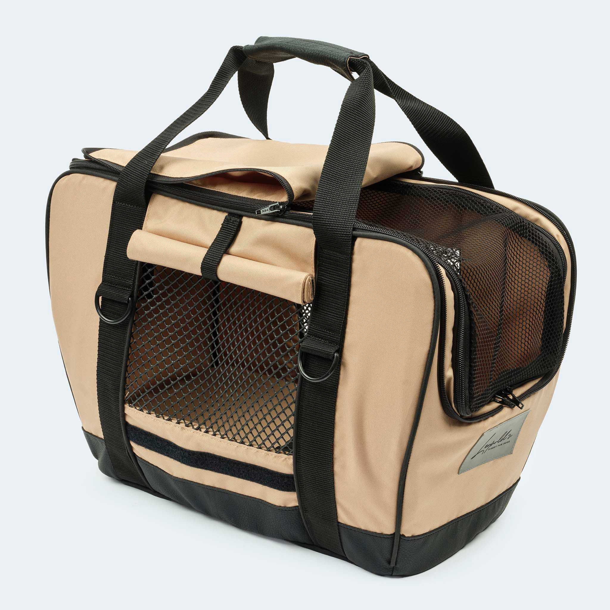 Fahrradtasche für Hunde in beige Sonnenschutz halb geschlossen