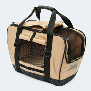 Fahrradtasche für Hunde in beige Sonnenschutz halb geschlossen