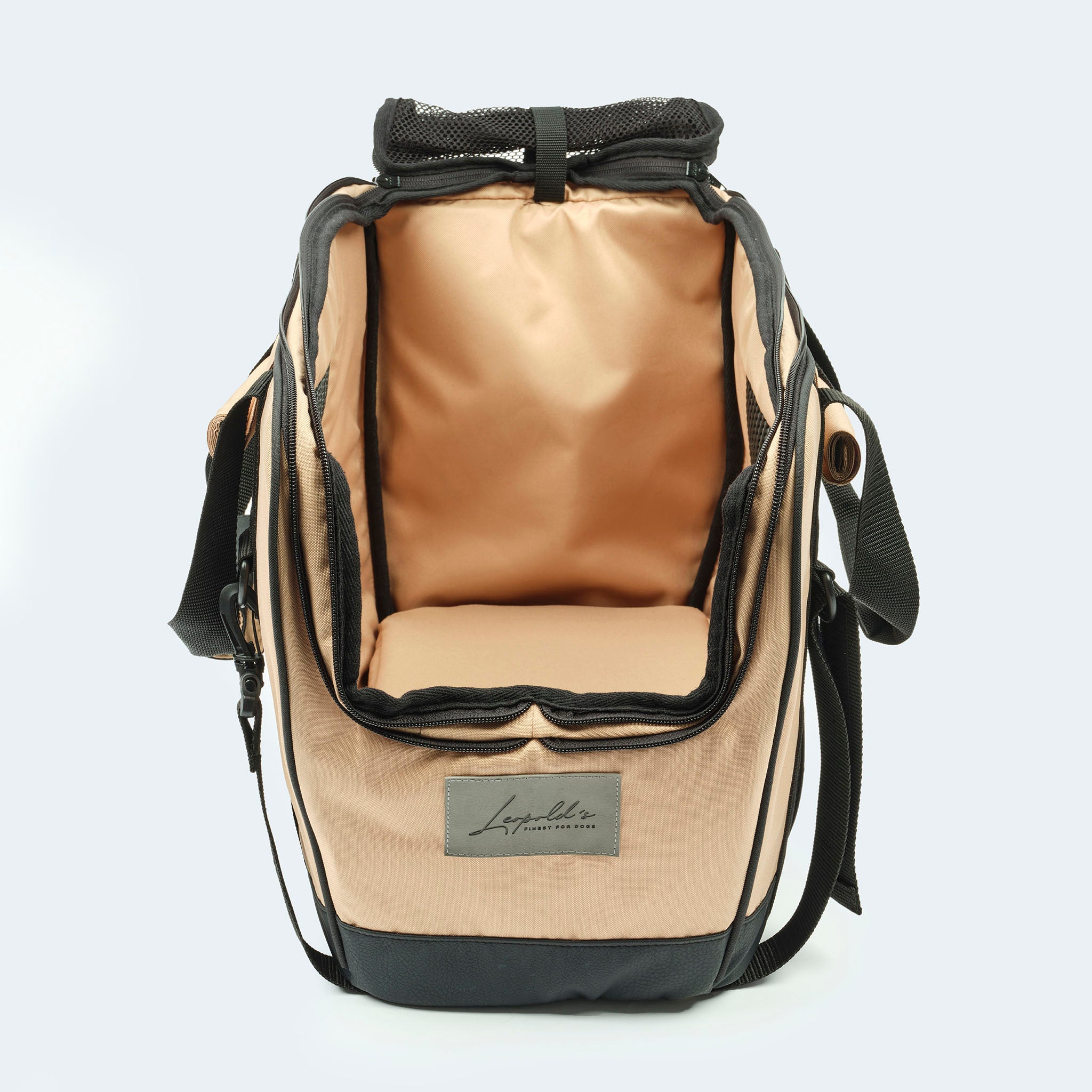 Fahrradtasche für Hunde in beige Vorderansicht geöffnet