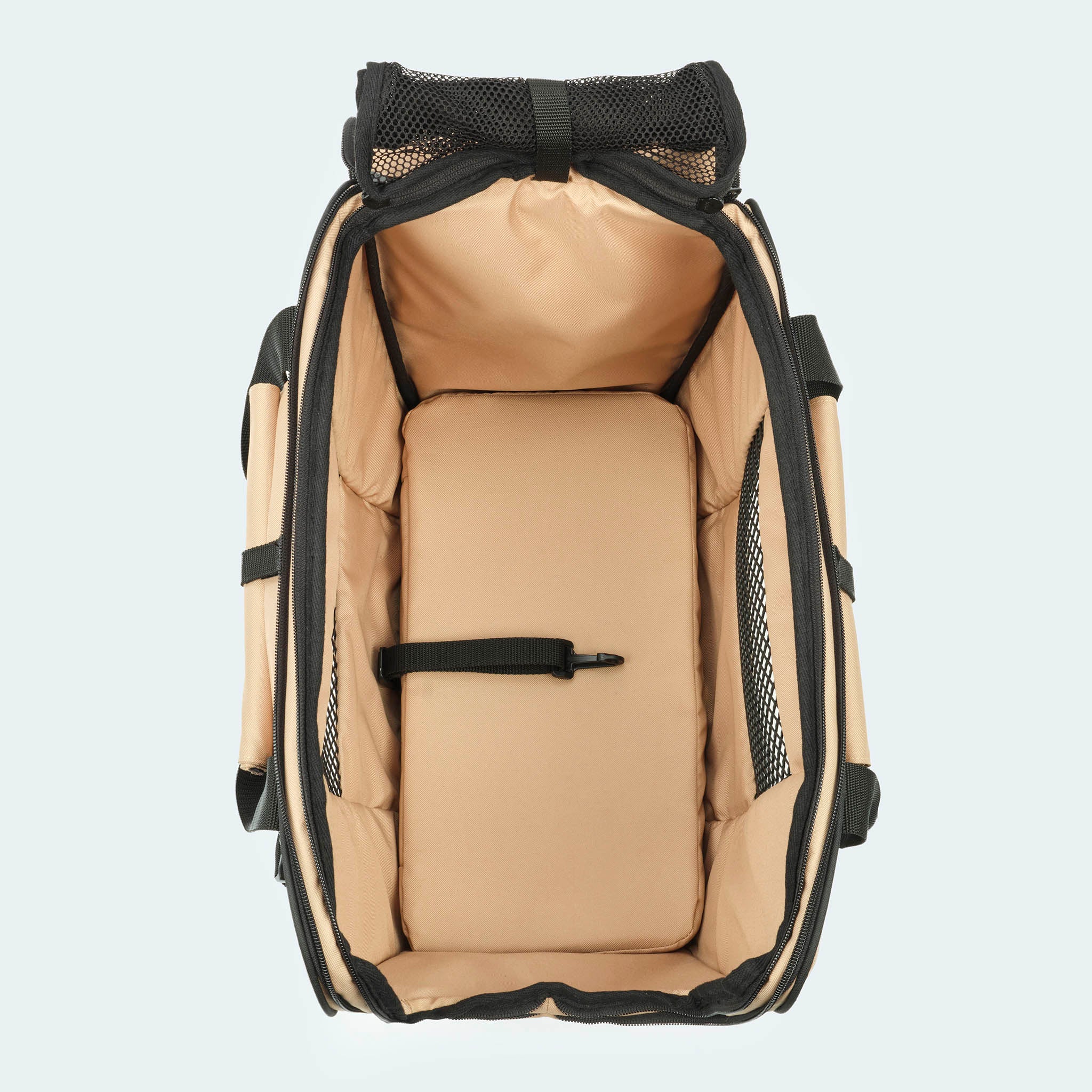 Fahrradtasche für Hunde in beige von oben fotografiert Netz und Sonnenschutz offen
