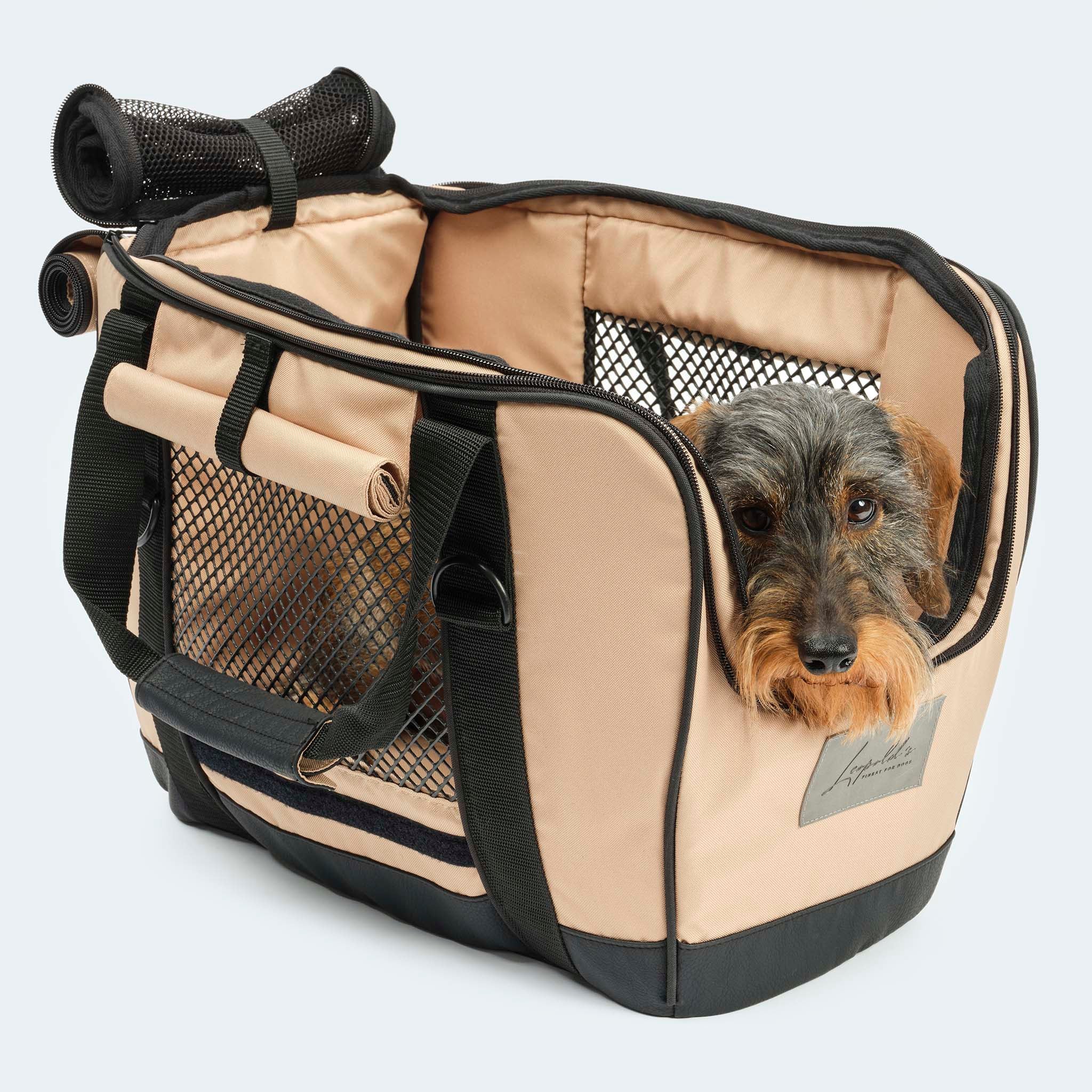 Fahrradtasche für Hunde in beige mit Dackel alles offen