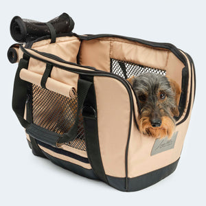 Fahrradtasche für Hunde in beige mit Dackel alles offen