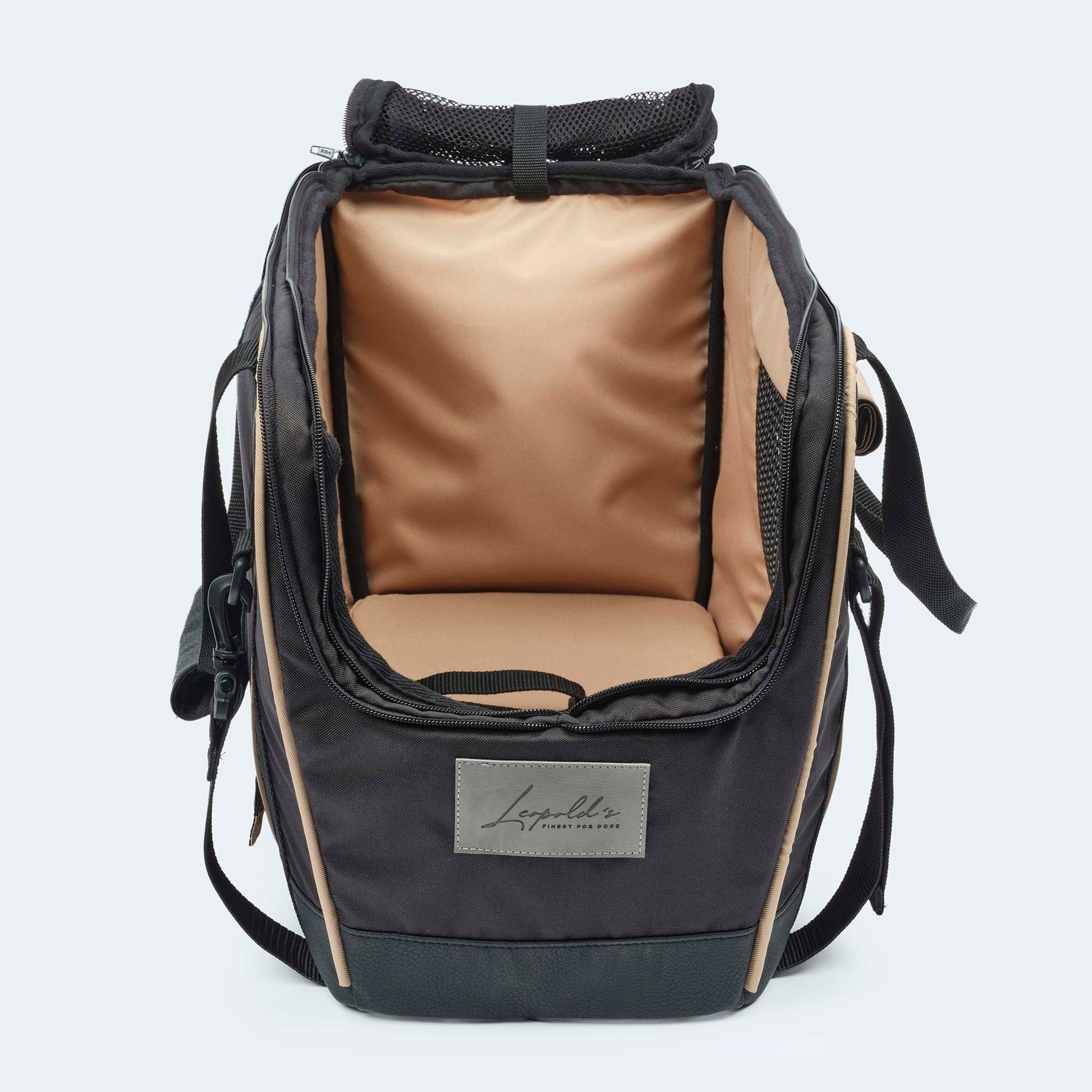 Fahrradtasche für Hunde in schwarz vorder Ansicht.