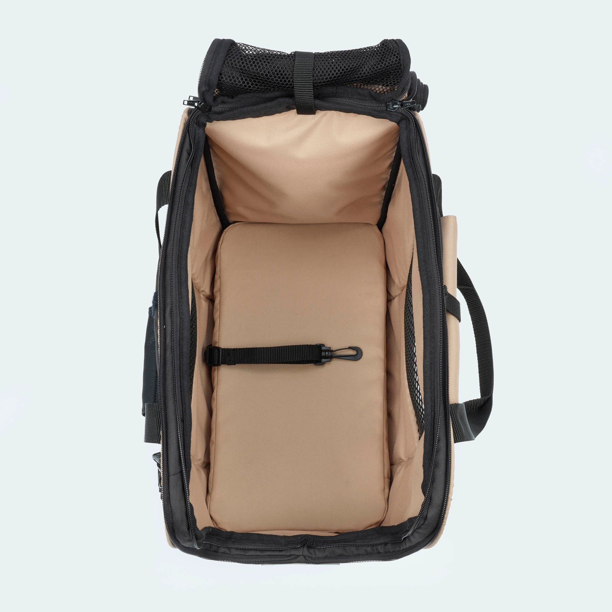 Fahrradtasche für Hunde in schwarz von oben. Integrierter Fixiergurt und orthopädische Matratze.