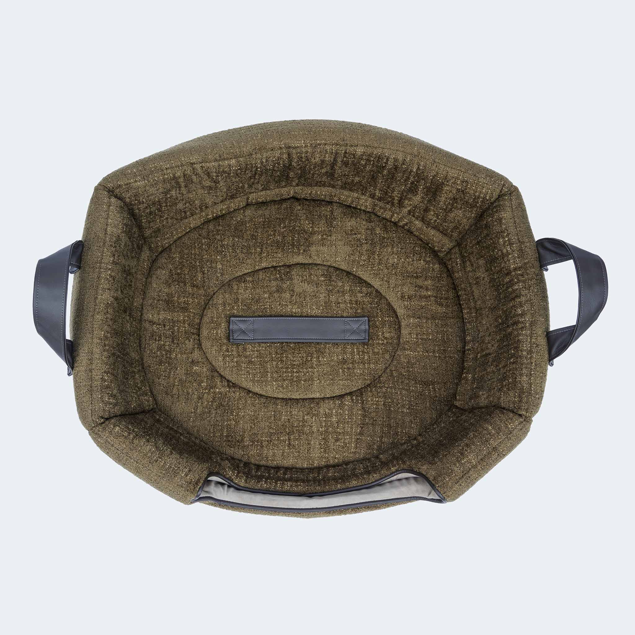 Leopold's Finest | 2-in-1 Hundehöhle & Hundebett in oliv für Dackel und kleine Hunde. Ansicht von oben ohne Kissen in Bett-Form.