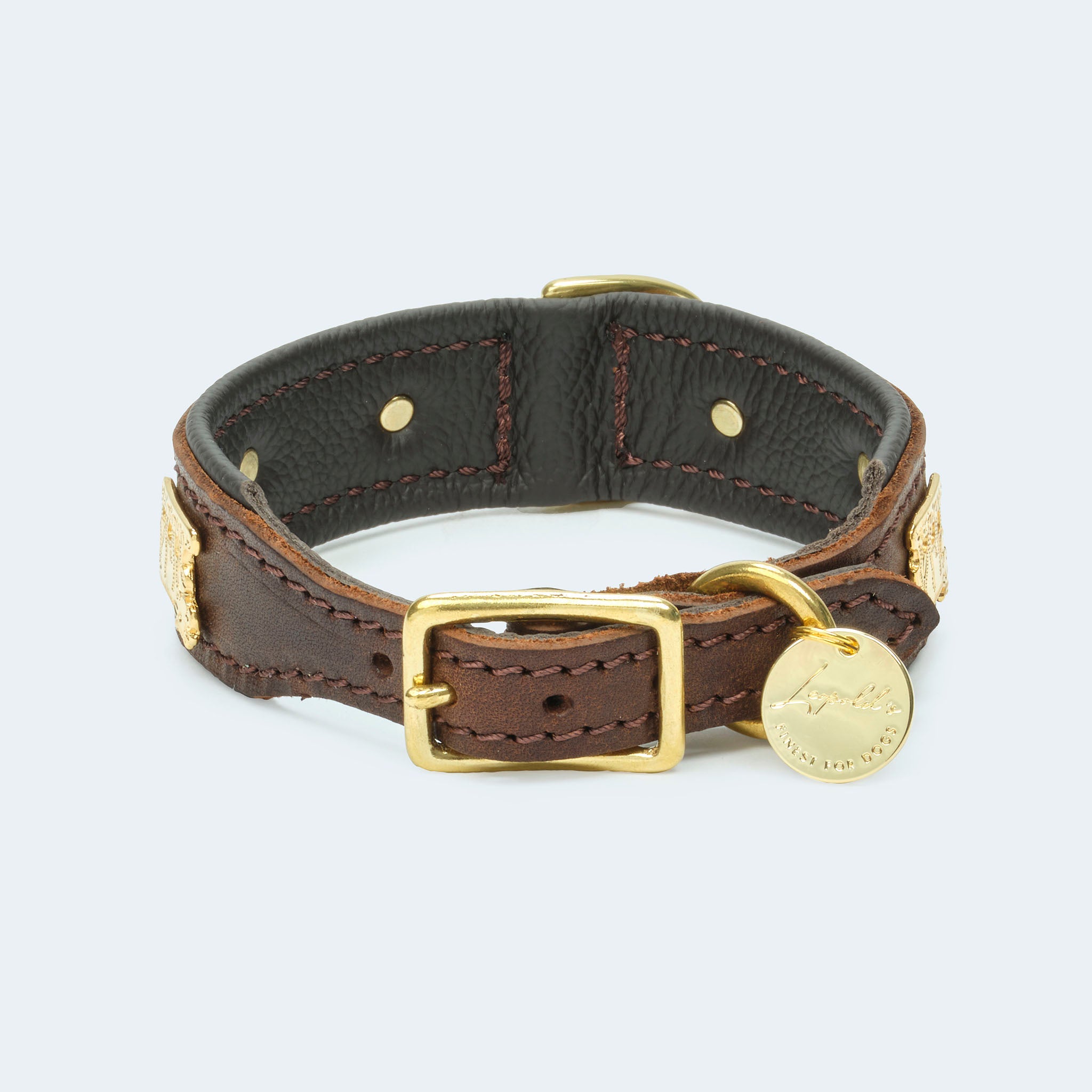 Leopold's Finest | Hundehalsband Leder dunkelbraun mit Karabiner und goldenem Kuhbeschlag aus Messing für Dackel und kleine Hunde