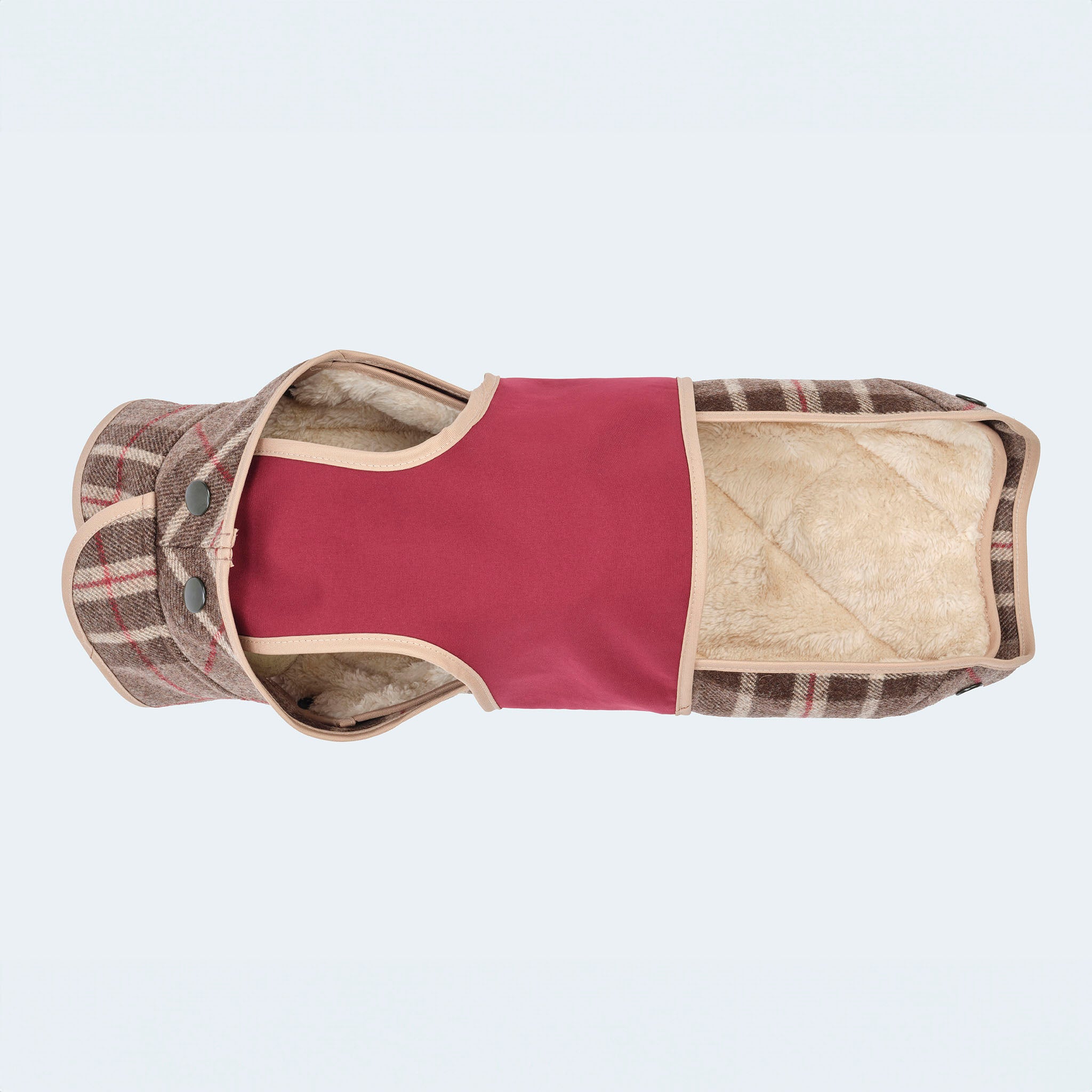 Leopold's Finest | Hundemantel aus Wolle mit Curly-Futter und Softshell-Brustlatz im braunen Glencheck-Muster für Dackel und kleine Hunde. Ansicht von unten.