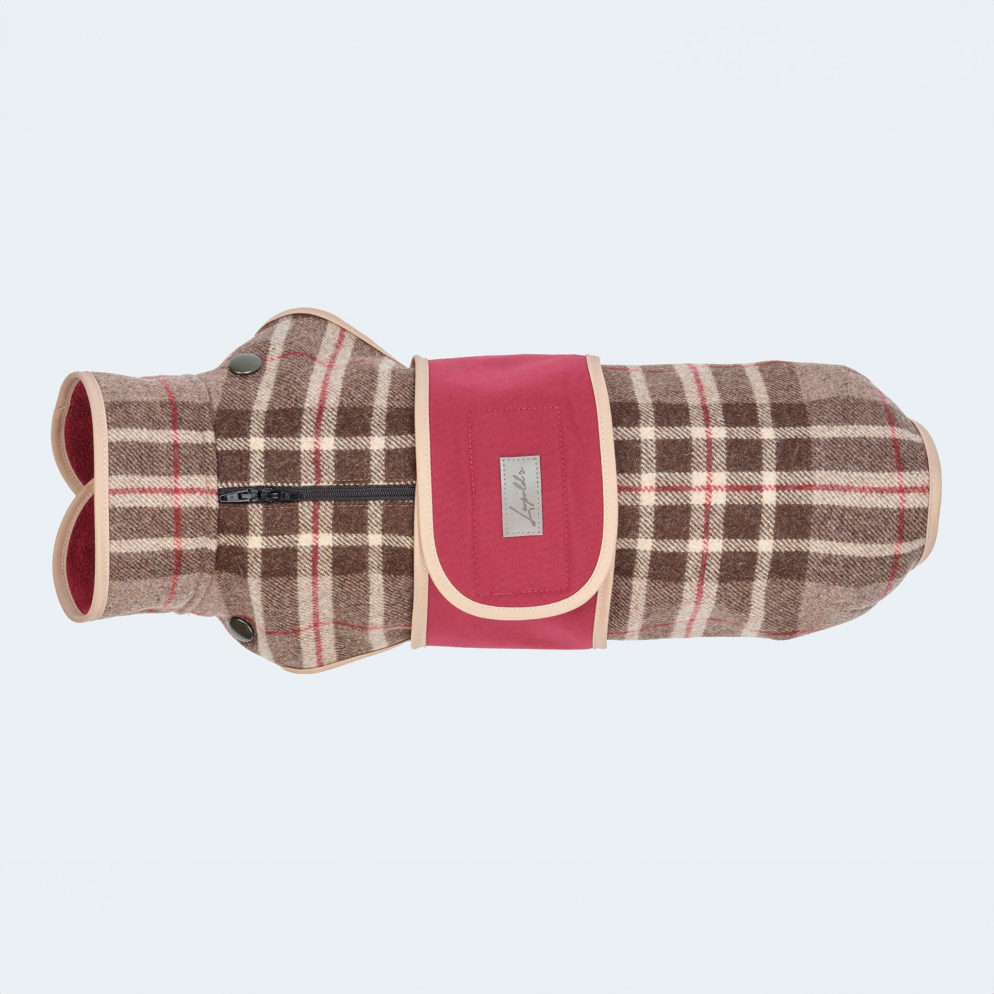 Leopold's Finest | Hundemantel aus Wolle mit Curly-Futter und Softshell-Brustlatz im braunen Glencheck-Muster für Dackel und kleine Hunde. Ansicht von oben.