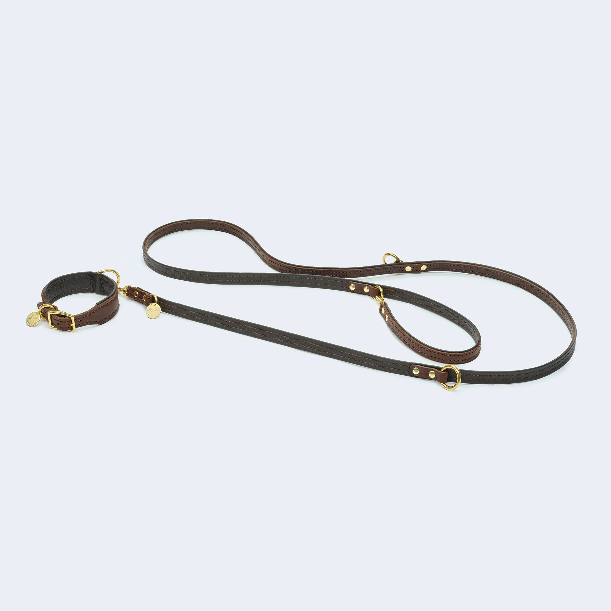 Leopold's Finest | Verstellbare Hundeleine in dunkelbraun mit goldenen Karabinern aus Messing mit Hundehalsband in dunkelbraun für Dackel und kleine Hunde