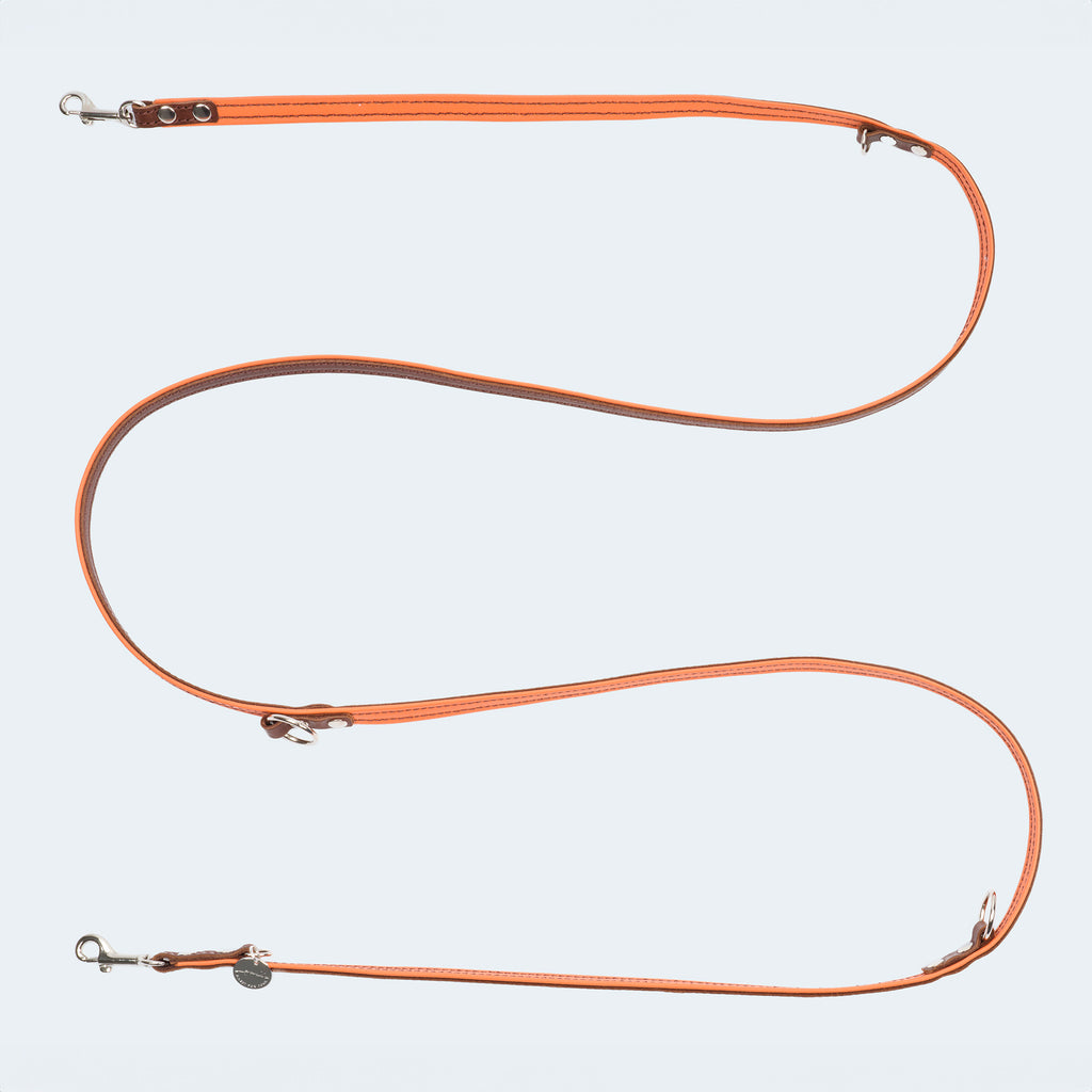 Adjustable dog leash, leather exterior dark brown/inside orange ...