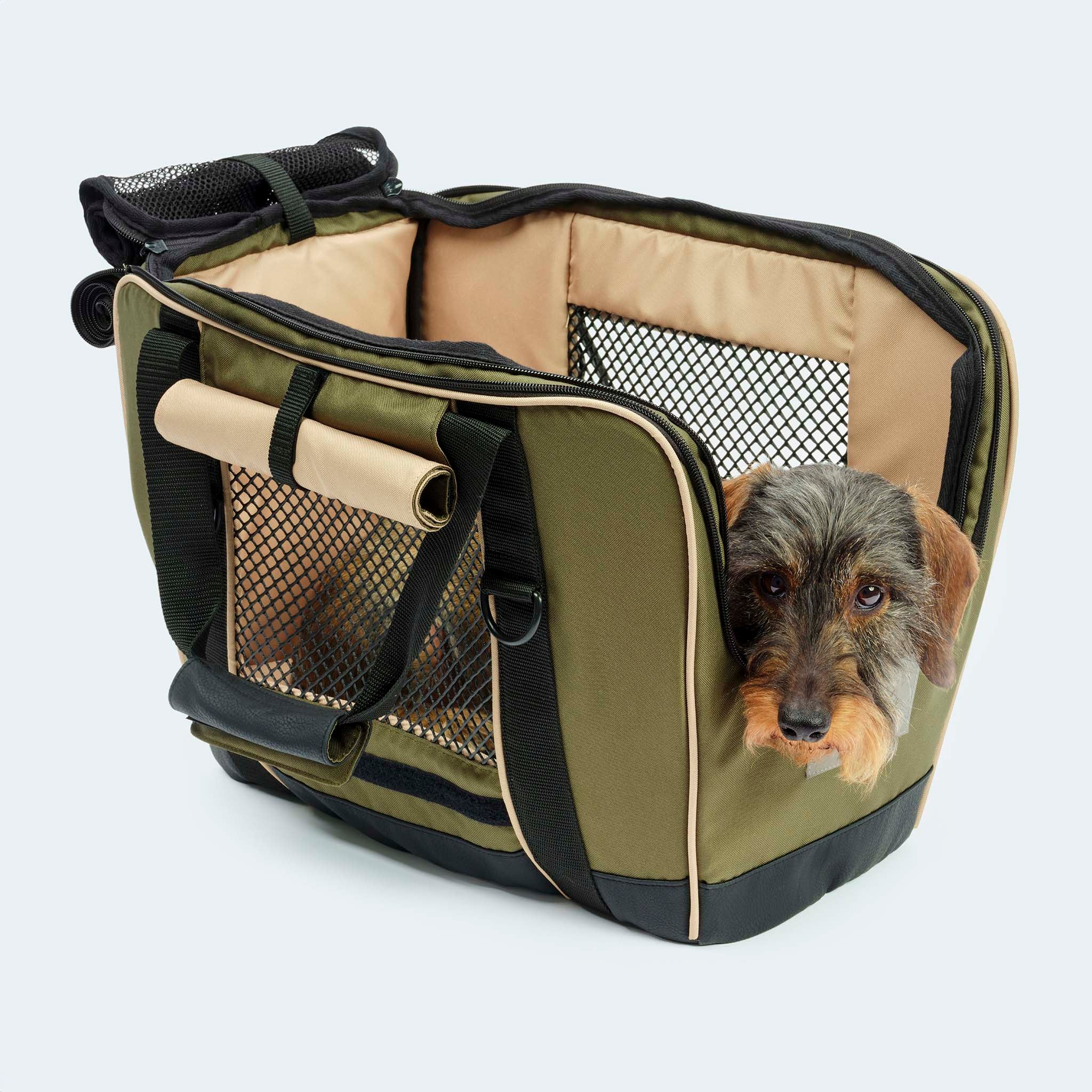 Fahrradtasche für Hunde in oliv mit Dackel alles offen
