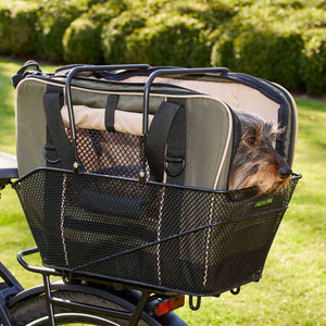 Fahrradtasche für Hunde in oliv mit Dackel im Fahrradkorb alles geöffnet