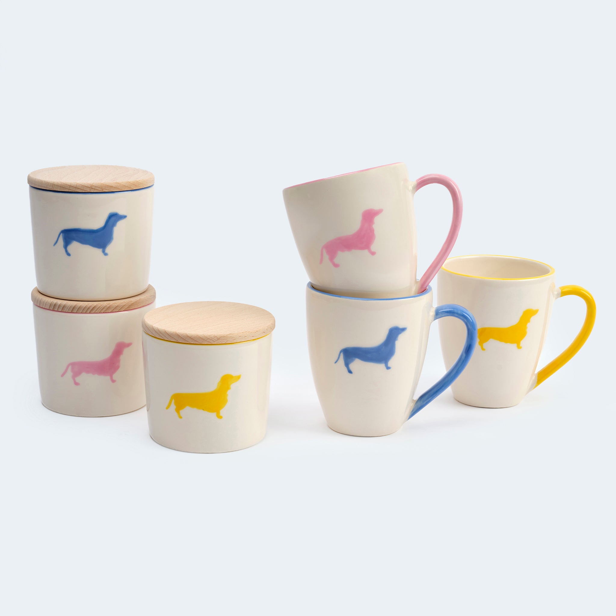 Leopolds Finest Gmundner Tassen und Leckerlidosen in Gelb, Blau und Rosa