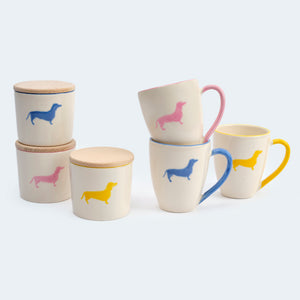 Leopolds Finest Gmundner Tassen und Leckerlidosen in Gelb, Blau und Rosa
