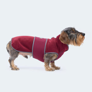 Hundemantel Fleece Bordeaux von Leopold's Finest. Tragebild am Dackel von der Seite