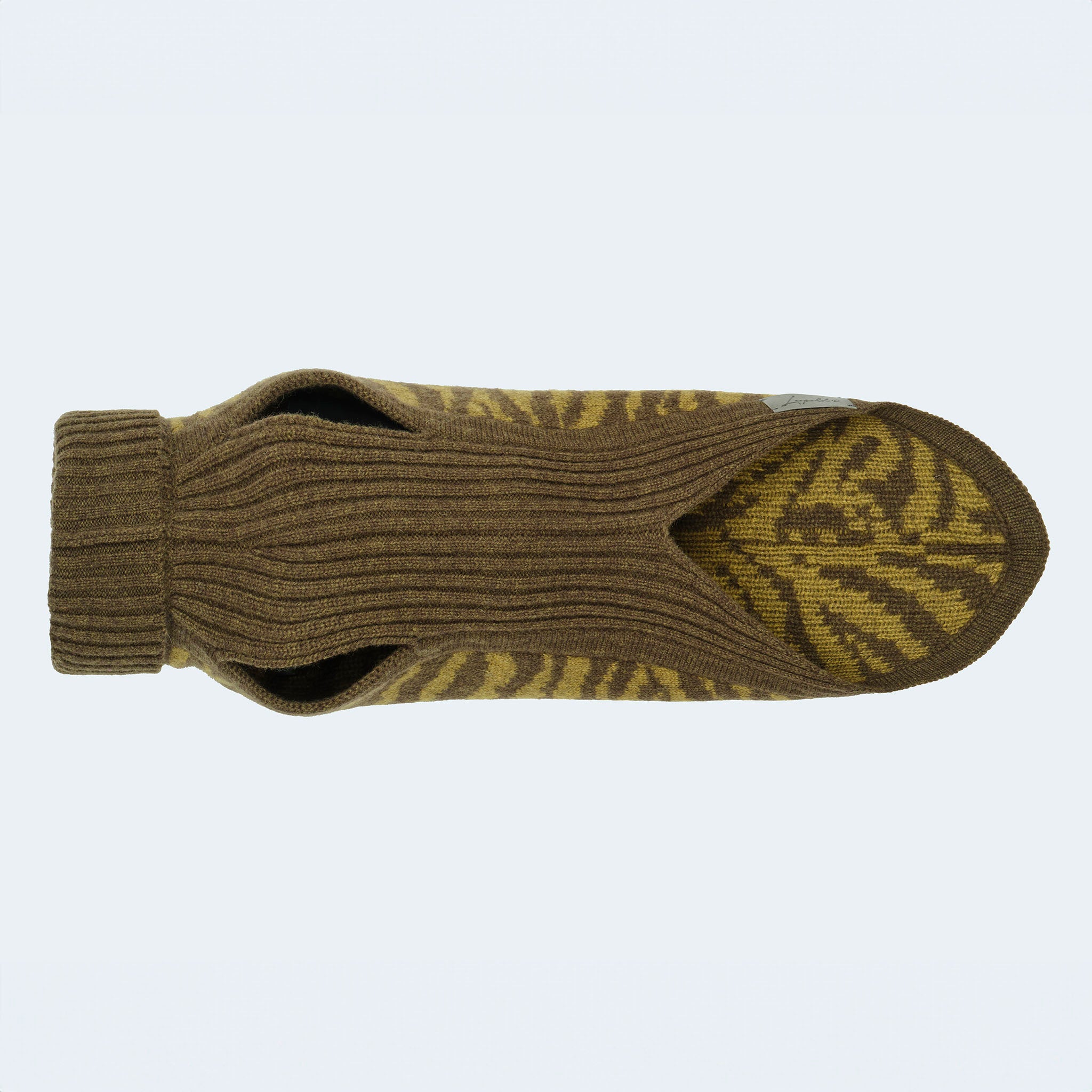 Leopold's Finest | Hundepullover aus 100% Schurwolle für Dackel und kleine Hunde in oliv mit Zebramuster Unterseite