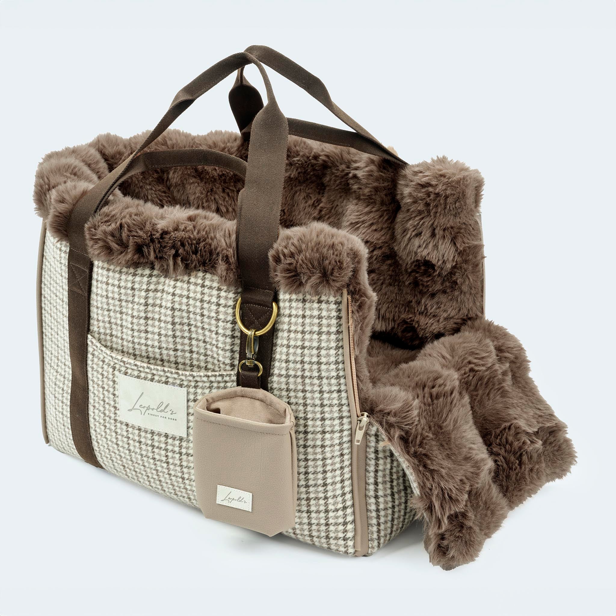 Leopold's Finest | CosyBag St.Moritz mit Schattenkaro-Muster mit offener Kopfablage Hundetasche für Dackel und kleine Hunde 