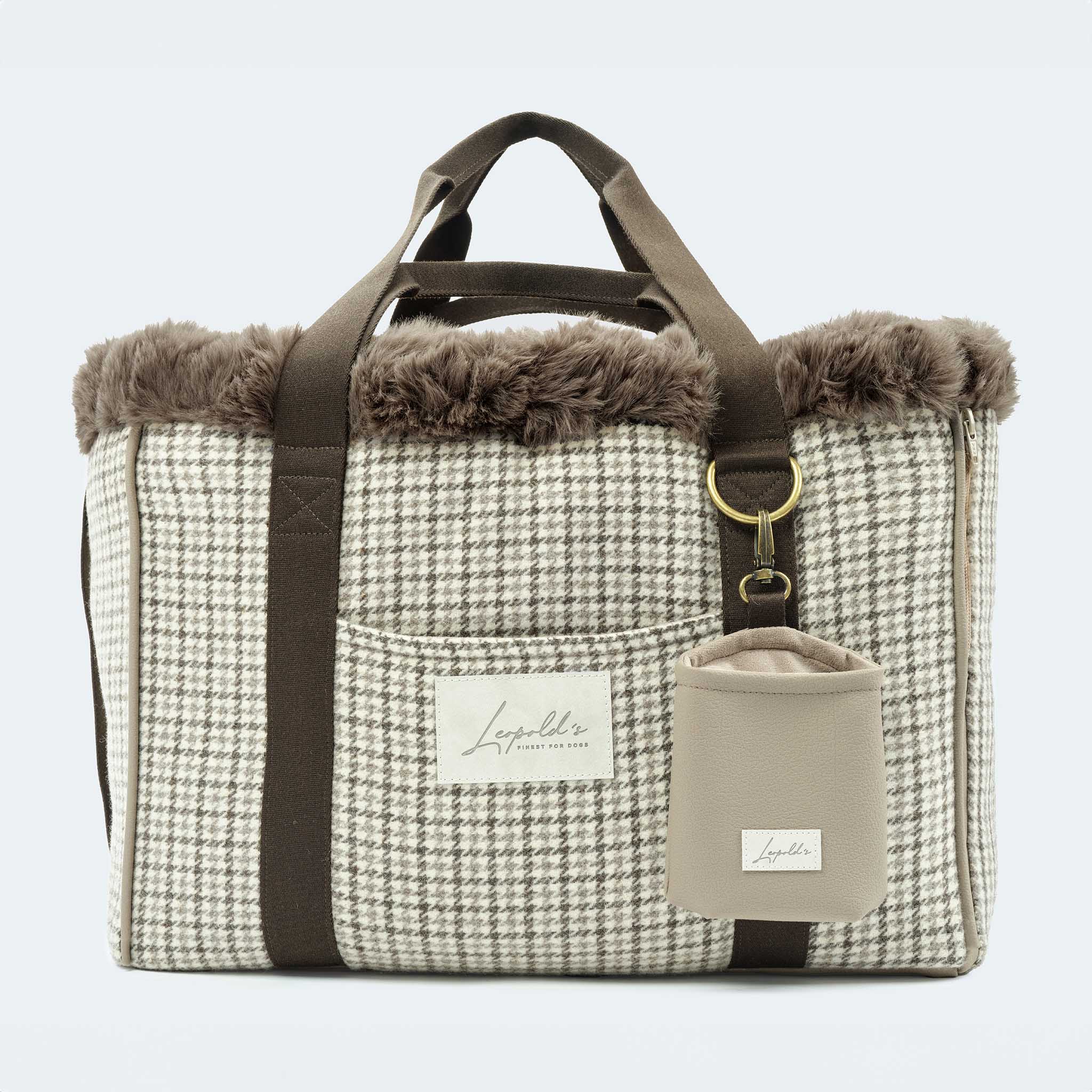 Leopold's Finest | CosyBag St.Moritz mit Schattenkaro-Muster und Webpelz innen Hundetasche für Dackel und kleine Hunde 