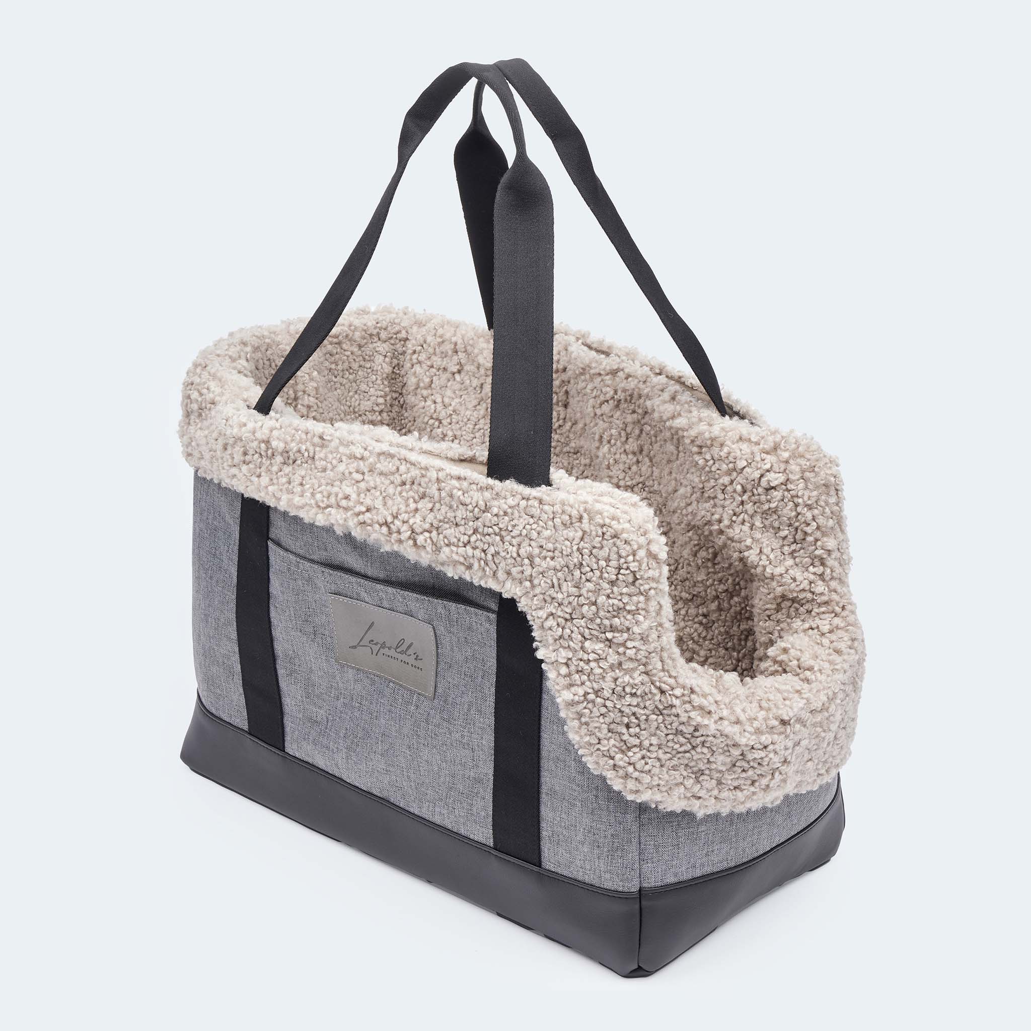 Hundetasche EasyLuxe für Dackel und kleine Hunde mit ausknöpfbarem Innenfutter aus Curly. Zwei Seitentaschen und integrierter Sicherungsleine. Niedriger Einstieg. [beige]