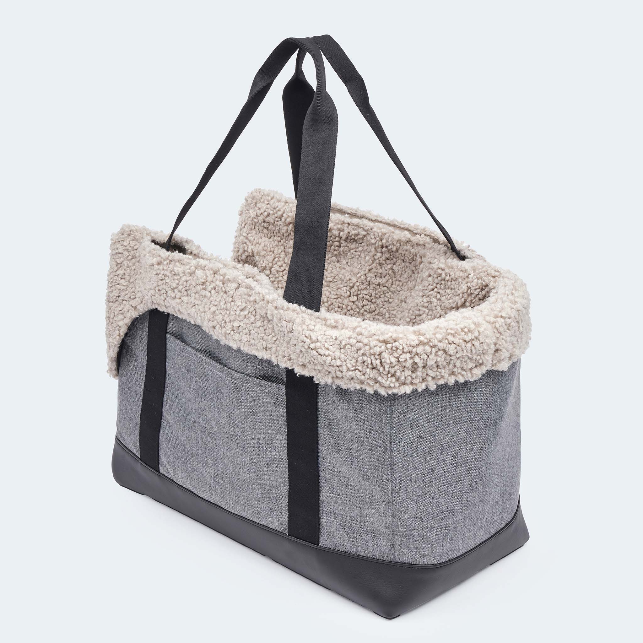 Hundetasche EasyLuxe für Dackel und kleine Hunde mit ausknöpfbarem Innenfutter aus Curly. Zwei Seitentaschen und integrierter Sicherungsleine. Ansicht von hinten. [beige]