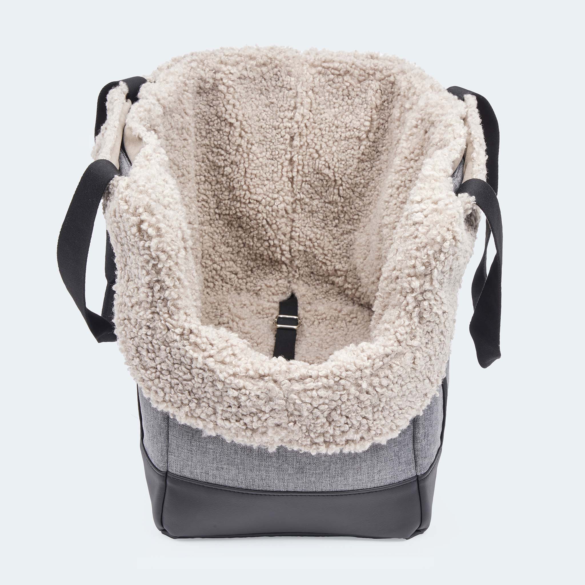 Hundetasche EasyLuxe für Dackel und kleine Hunde mit ausknöpfbarem Innenfutter aus Curly. Zwei Seitentaschen und integrierter Sicherungsleine. Ansicht von Vorne. [beige]