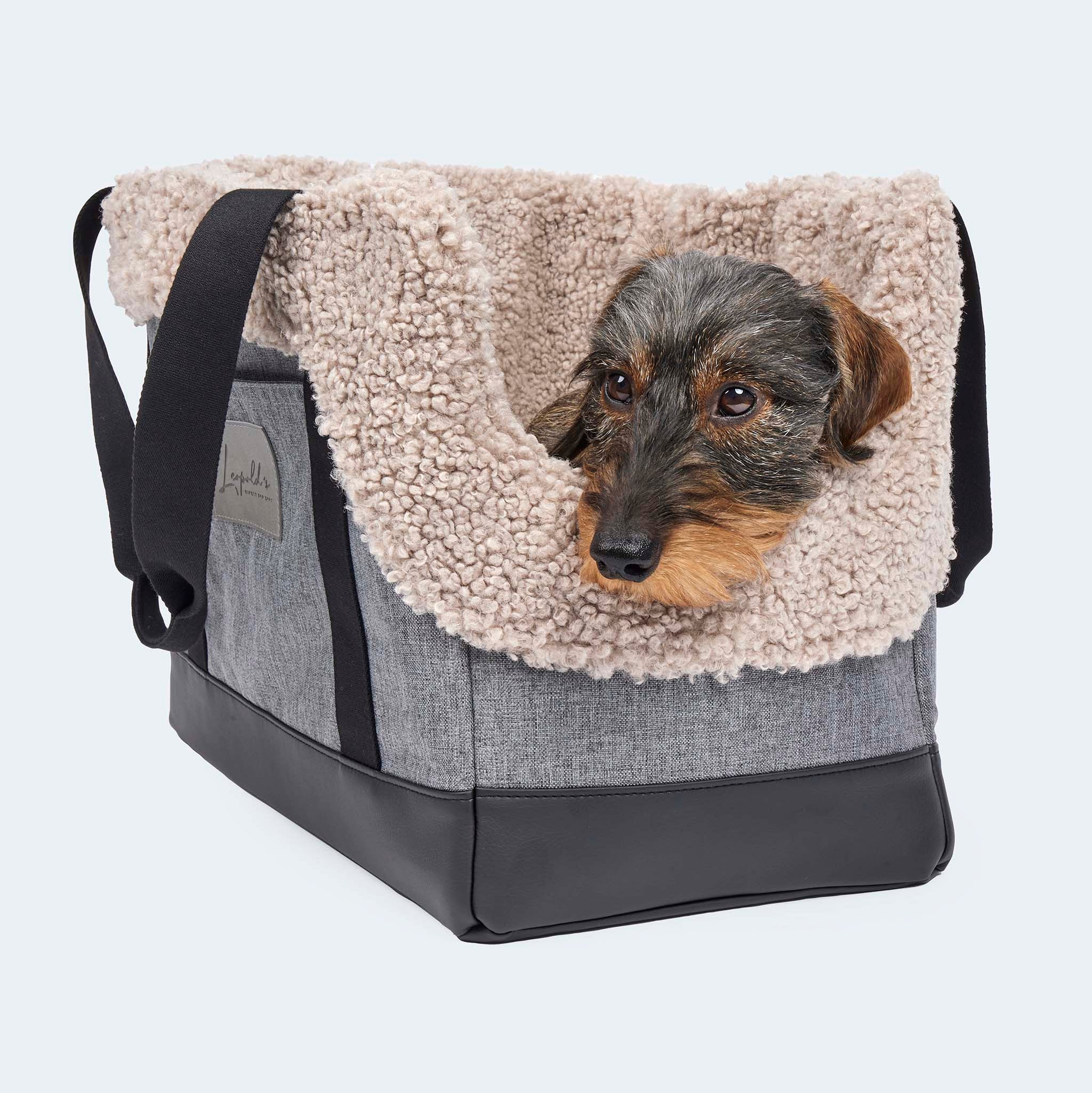 Hundetasche EasyLuxe für Dackel und kleine Hunde mit ausknöpfbarem Innenfutter aus Curly. Zwei Seitentaschen und integrierter Sicherungsleine. Mit Dackel in der Tasche. [beige]