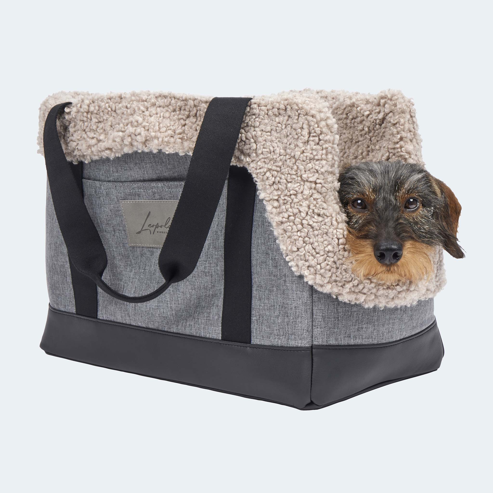 Hundetasche EasyLuxe für Dackel und kleine Hunde mit ausknöpfbarem Innenfutter aus Curly. Zwei Seitentaschen und integrierter Sicherungsleine [beige]