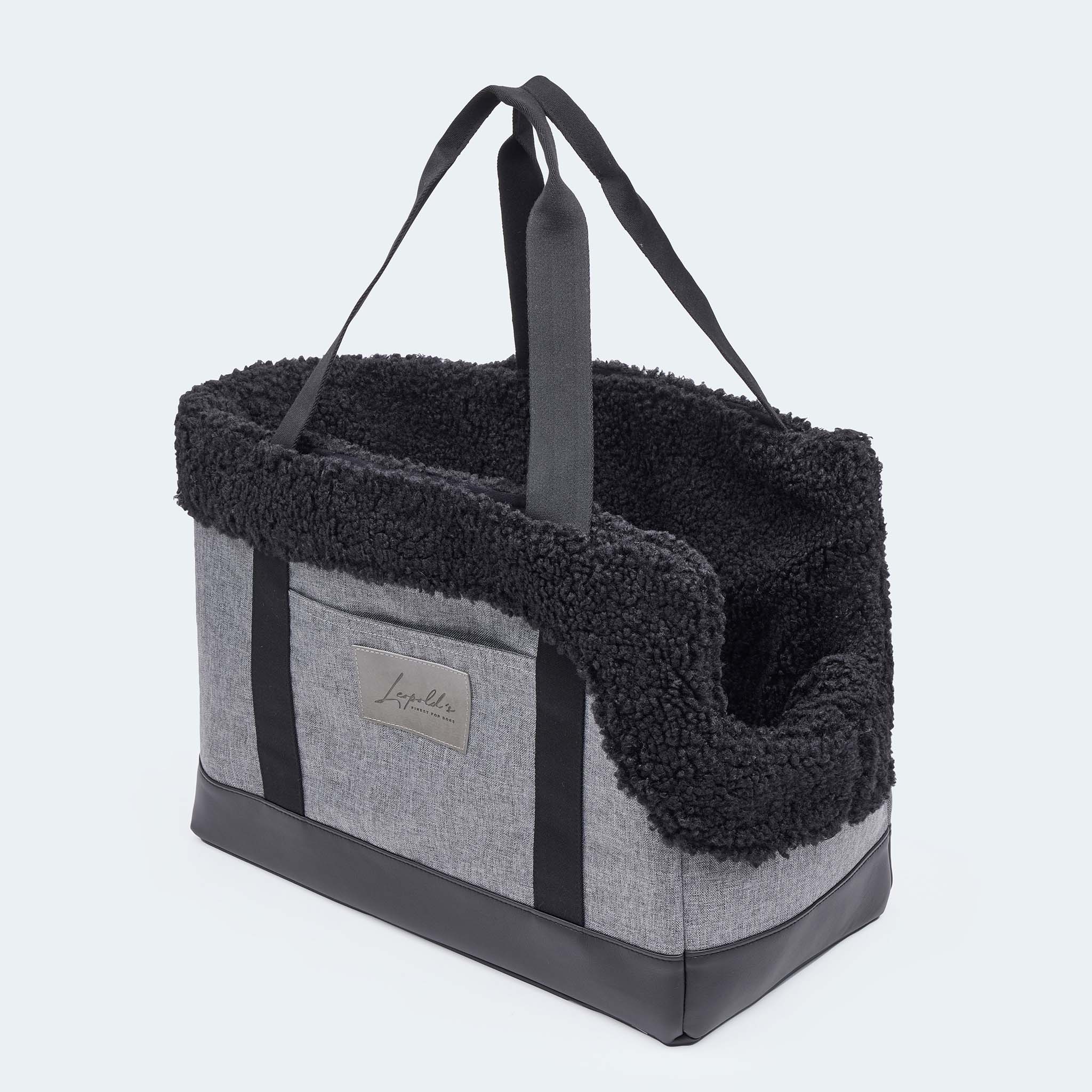 Hundetasche EasyLuxe für Dackel und kleine Hunde mit ausknöpfbarem Innenfutter aus Curly. Zwei Seitentaschen und integrierter Sicherungsleine. Niedriger Einstieg. [schwarz]