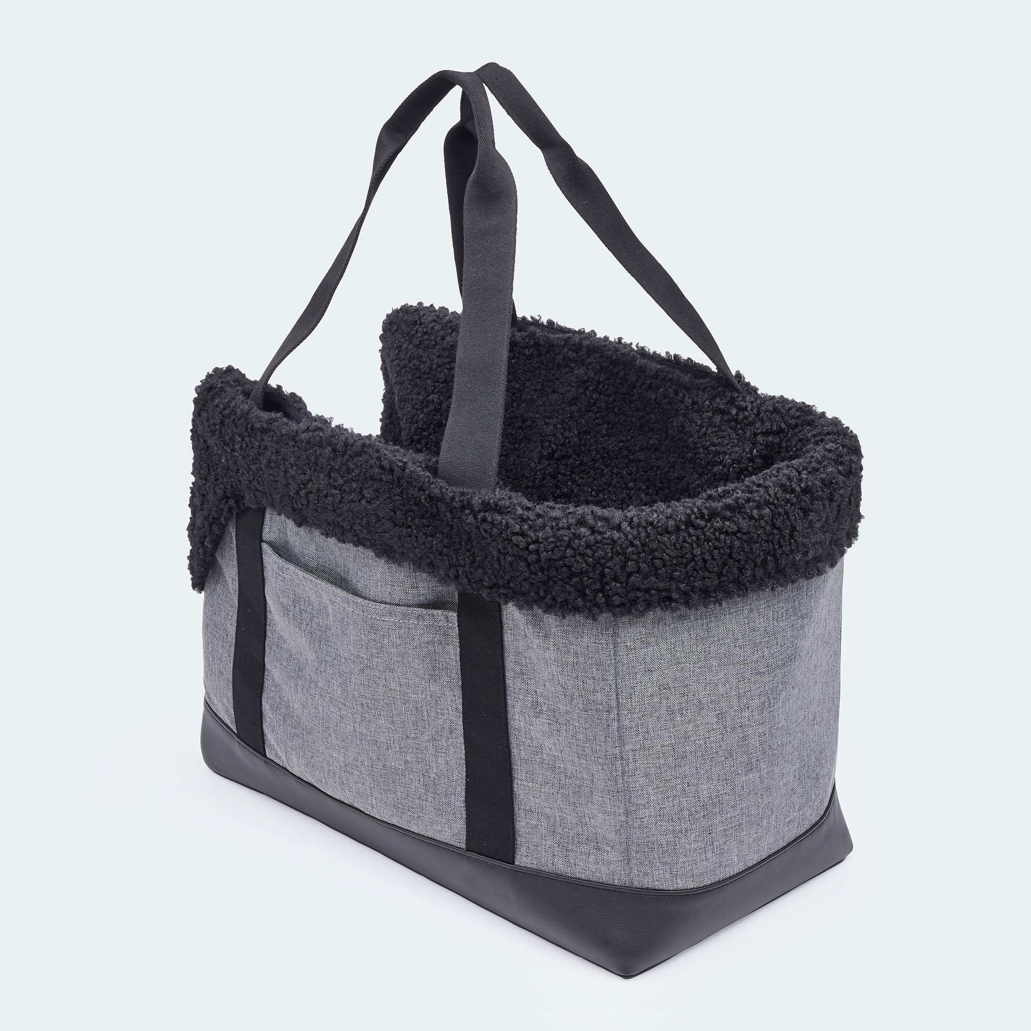 Hundetasche EasyLuxe für Dackel und kleine Hunde mit ausknöpfbarem Innenfutter aus Curly. Zwei Seitentaschen und integrierter Sicherungsleine. Ansicht von hinten [schwarz]