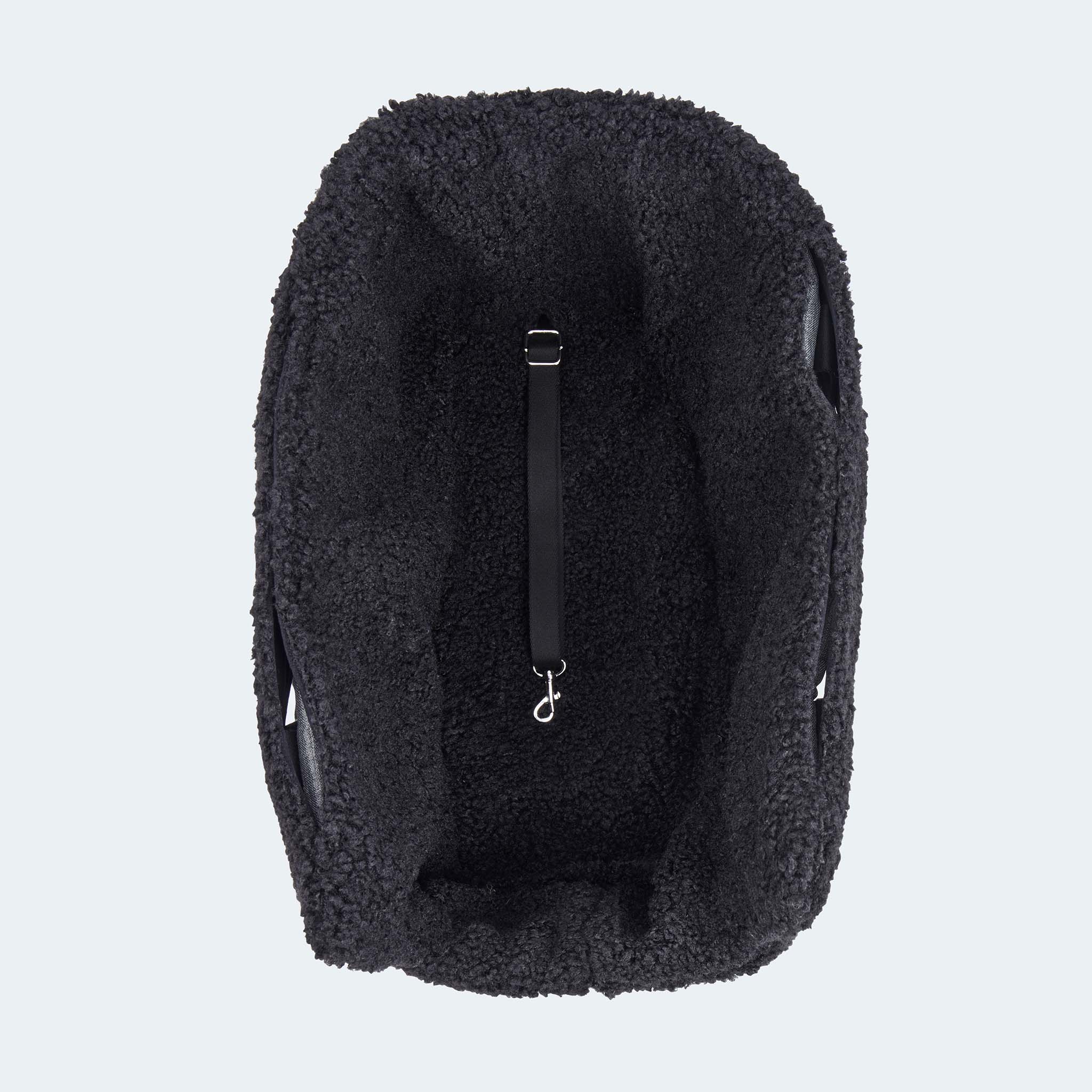 Hundetasche EasyLuxe für Dackel und kleine Hunde mit ausknöpfbarem Innenfutter aus Curly. Integrierte Sicherungsleine im inneren. [schwarz]