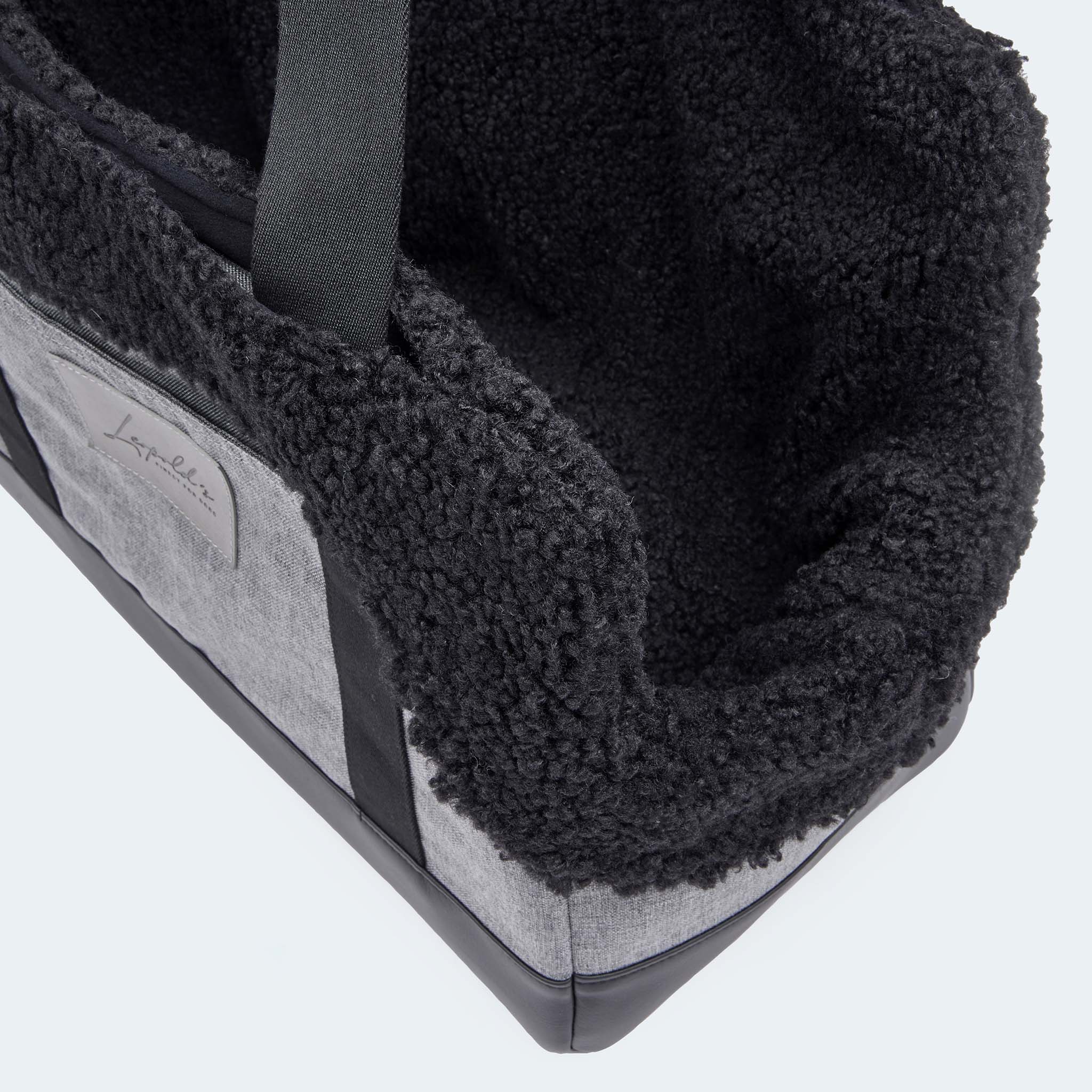 Hundetasche EasyLuxe für Dackel und kleine Hunde Nahaufnahme ausknöpfbarem Innenfutter aus Curly. [schwarz]