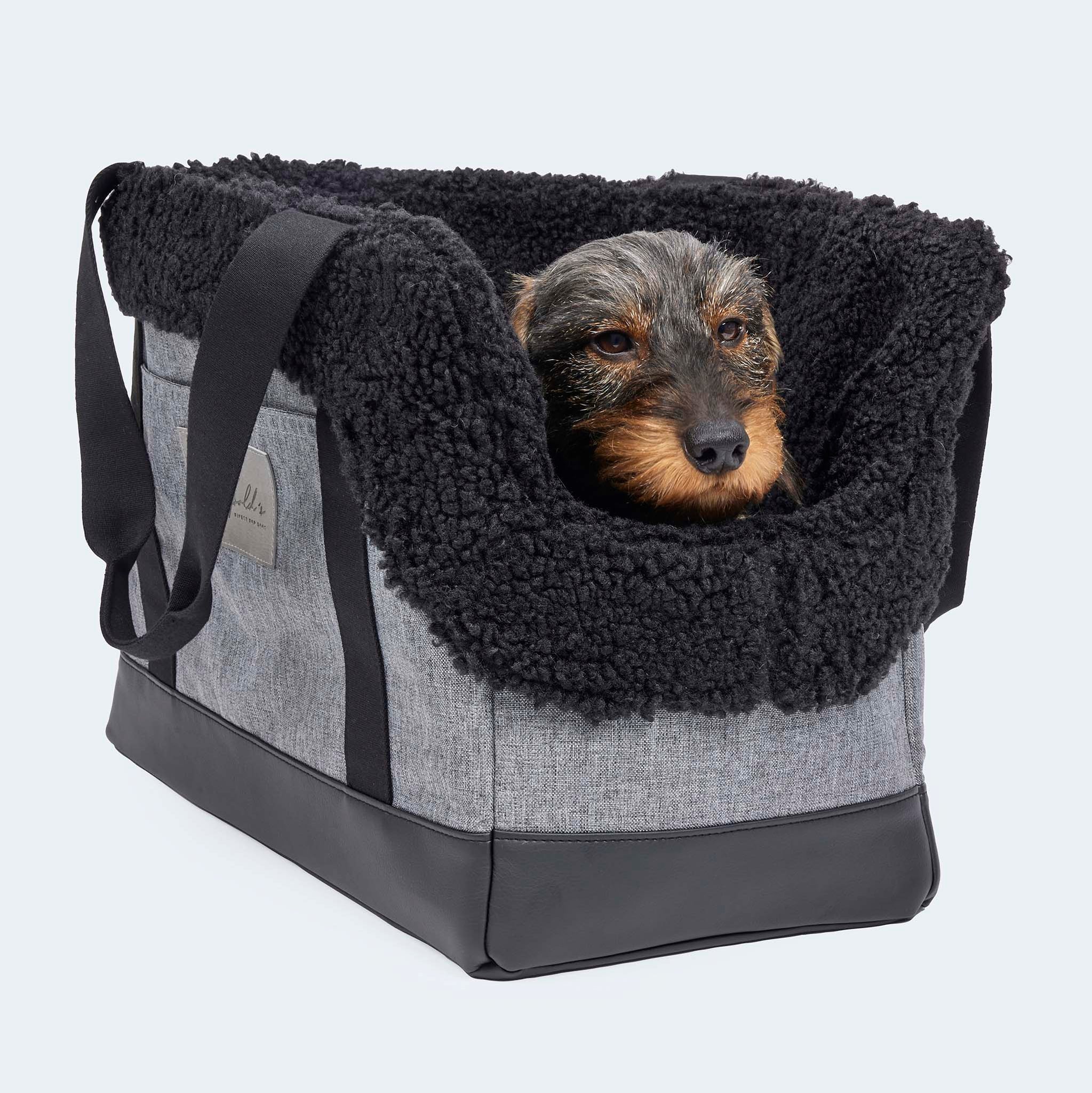 Hundetasche EasyLuxe für Dackel und kleine Hunde mit ausknöpfbarem Innenfutter aus Curly. Zwei Seitentaschen und integrierter Sicherungsleine [schwarz]