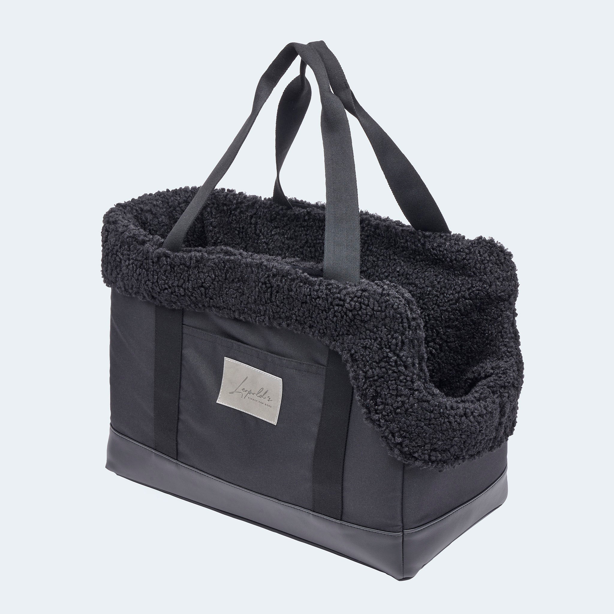 Hundetasche EasyLuxe für Dackel und kleine Hunde mit Seitentaschen von der Seite [schwarz]