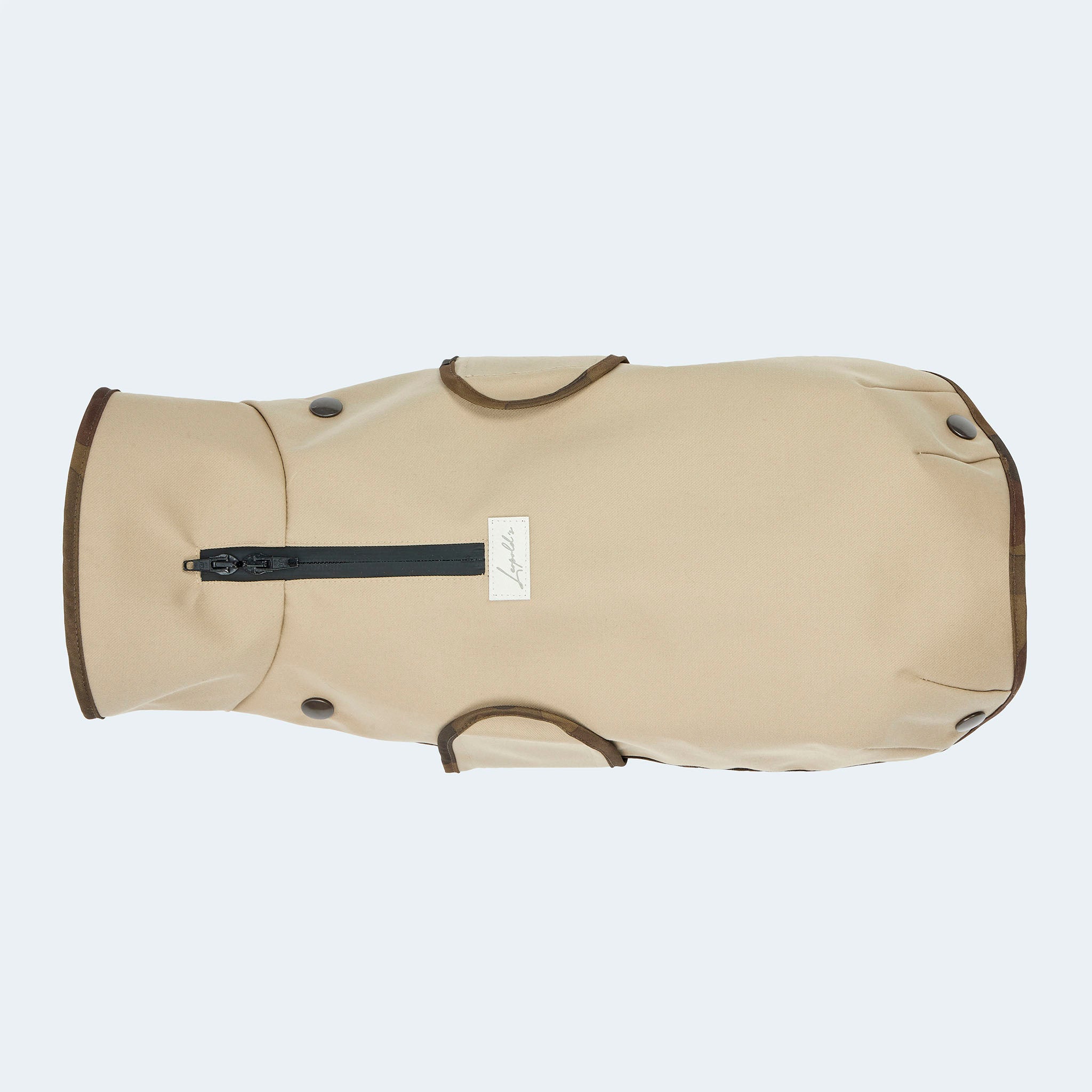 Leopold's Finest | Gefütterter
Hundewintermantel im Parka Stil in beige für Dackel und kleine Hunde. Sicht von oben