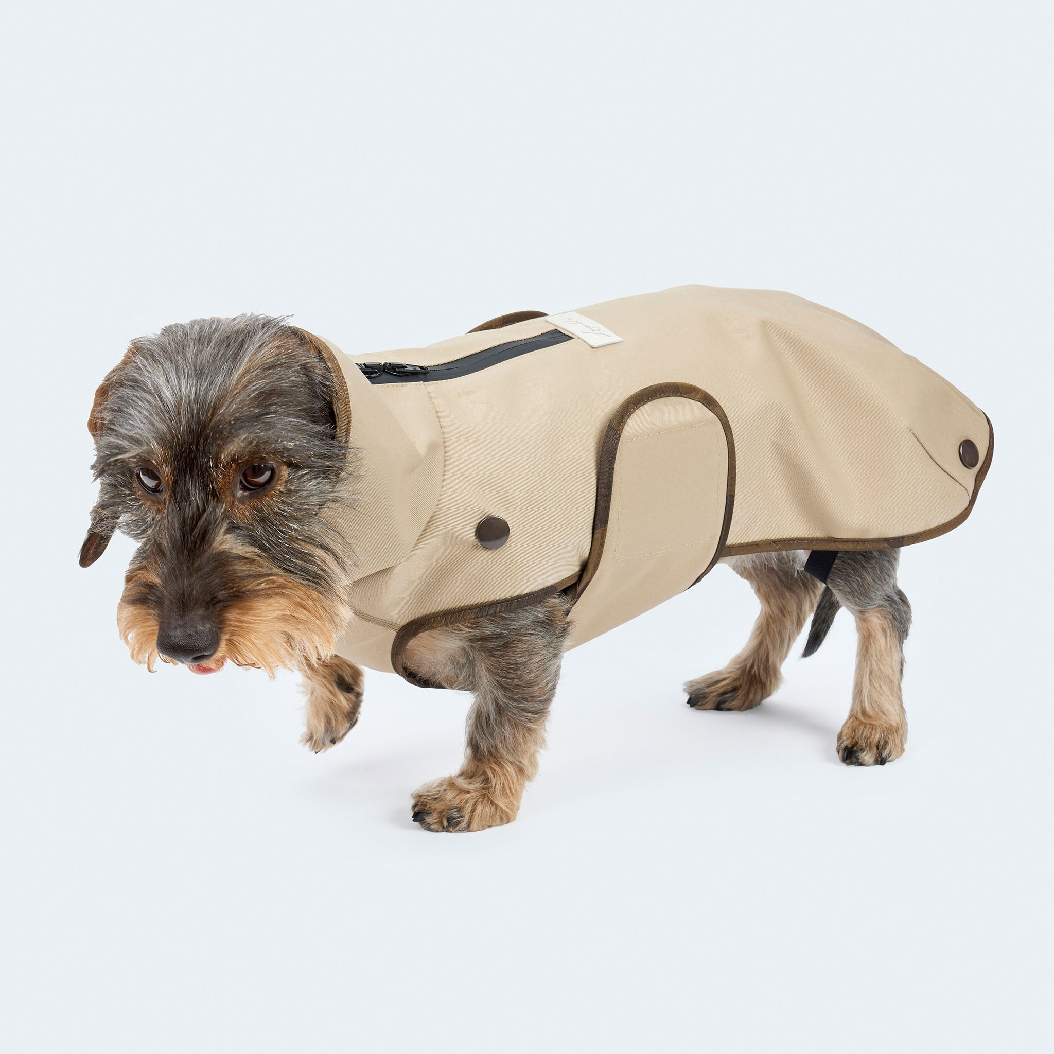 Leopold's Finest | Dackel in gefüttertem
Hundewintermantel im Parka Stil in beige. Seitenansicht