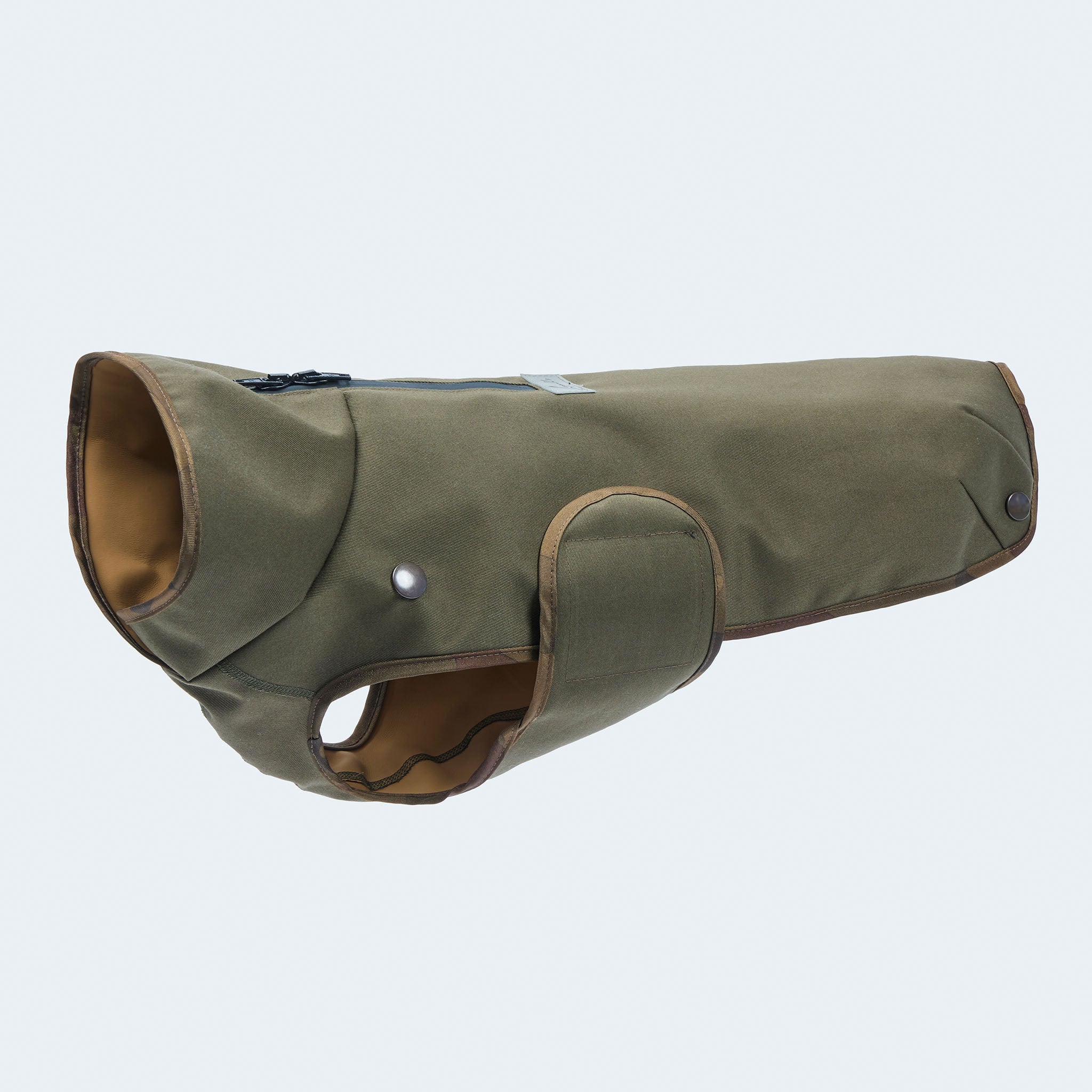 Leopold's Finest | Gefütterter
Hundewintermantel im Parka Stil in oliv für Dackel und kleine Hunde. Seitenansicht