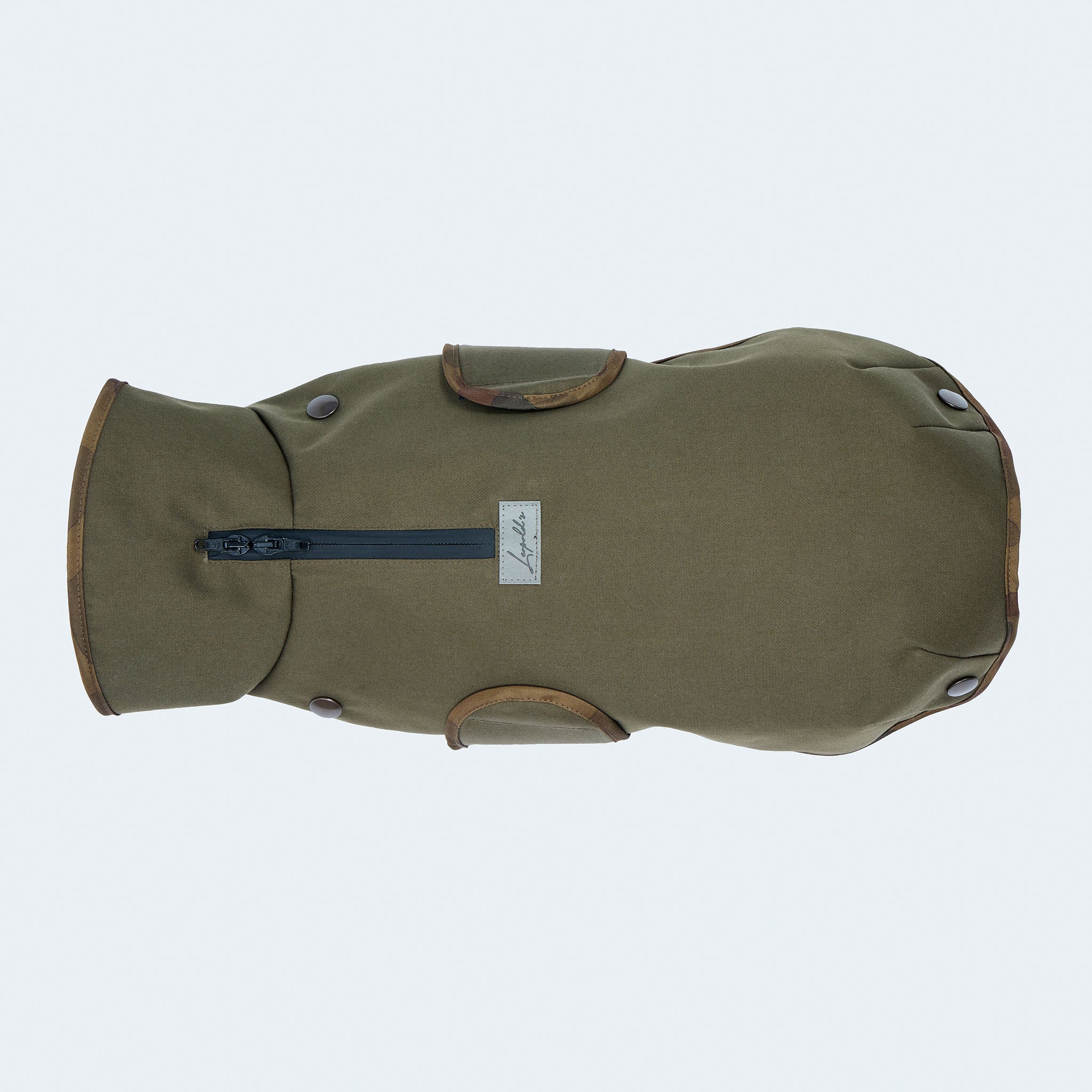 Leopold's Finest | Gefütterter
Hundewintermantel im Parka Stil in oliv für Dackel und kleine Hunde. Sicht von oben