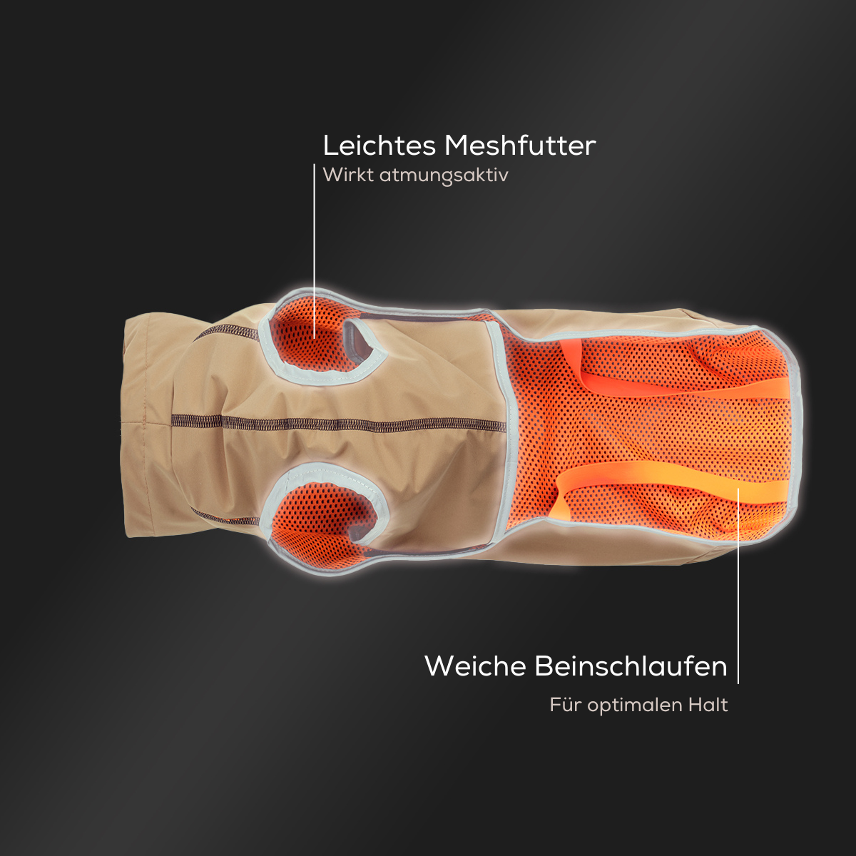 Leopold's Finest | Hunde Regenmantel Active in camel für Dackel und kleine Hunde mit Reflexstreifen als Umrandung Sicht von unten Produktdetails - Leichtes Meshfutter und weiche Beinschlaufen
