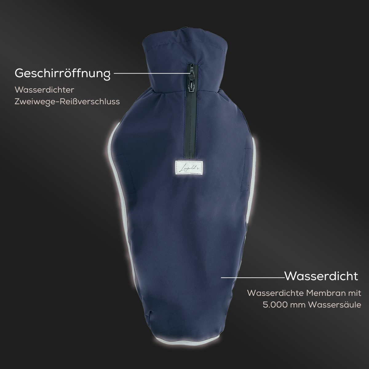 Leopold's Finest | Hunde Regenmantel Active in dunkelblau für Dackel und kleine Hunde mit Reflexstreifen als Umrandung Sicht von oben Produktdetails - Geschirröffnung und Wasserdicht