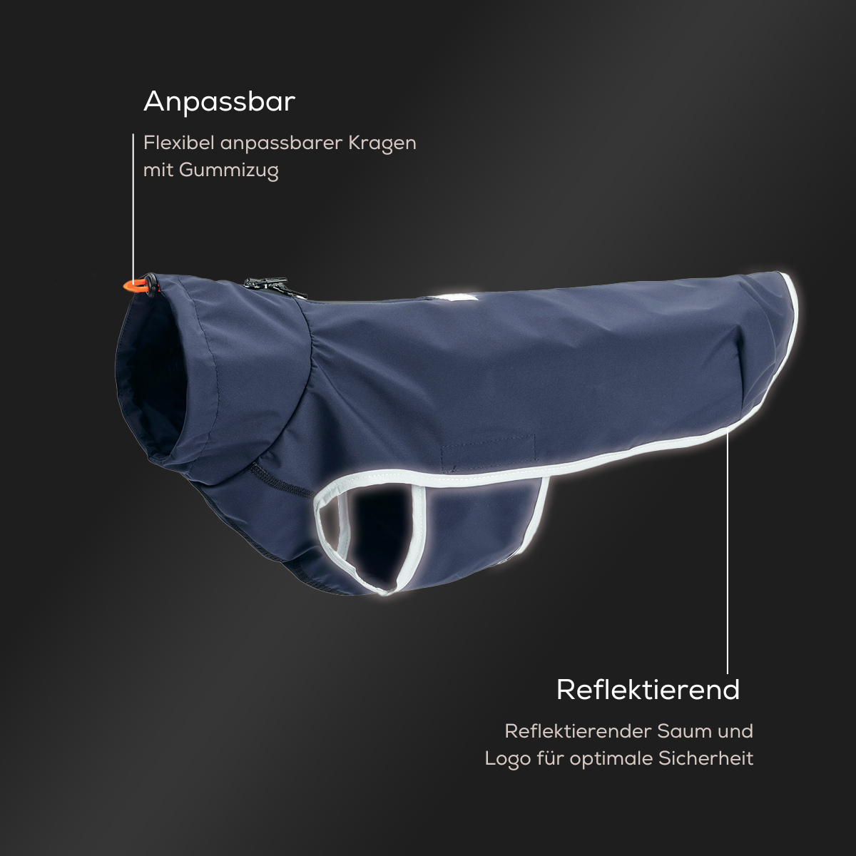 Leopold's Finest | Hunde Regenmantel Active in dunkelblau für Dackel und kleine Hunde mit Reflexstreifen als Umrandung Produktdetails - anpassbar und reflektierend