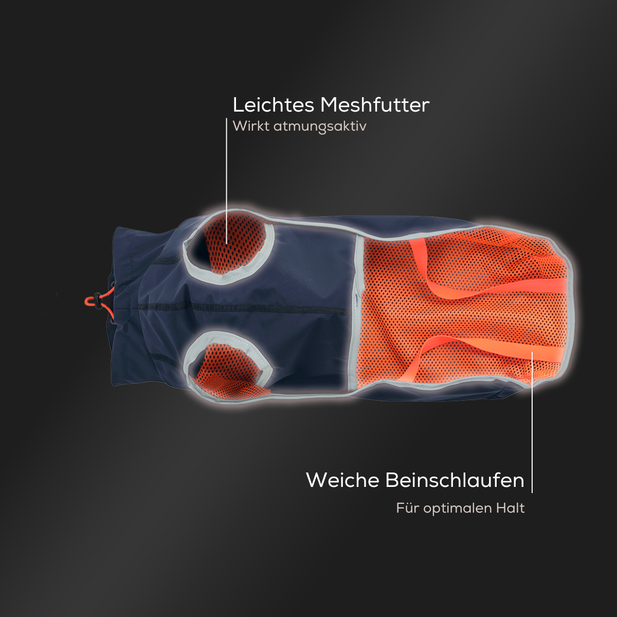Leopold's Finest | Hunde Regenmantel Active in dunkelblau für Dackel und kleine Hunde mit Reflexstreifen als Umrandung Sicht von unten Produktdetails - Leichtes Meshfutter und weiche Beinschlaufen