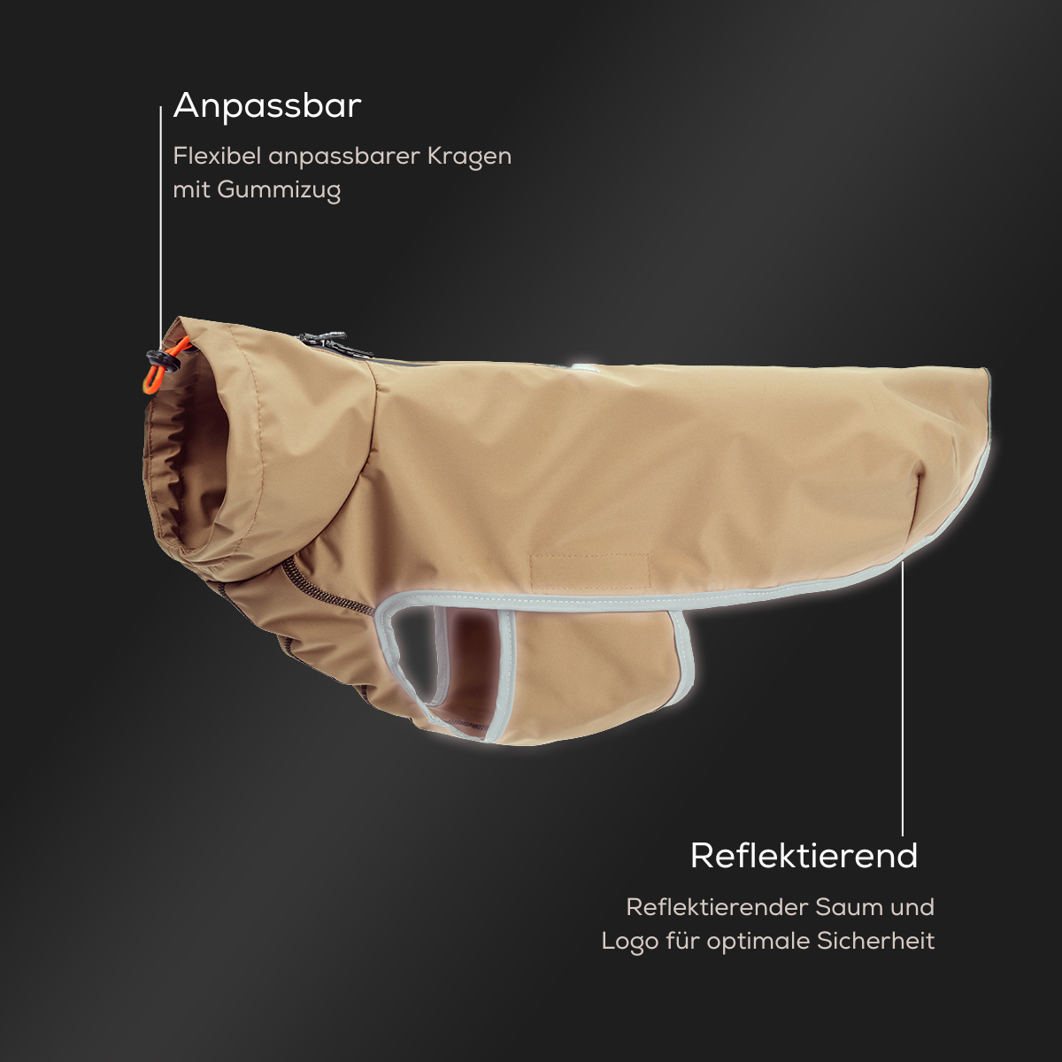 Leopold's Finest | Hunde Regenmantel Active in camel für Dackel und kleine Hunde mit Reflexstreifen als Umrandung Produktdetails - anpassbar und reflektierend