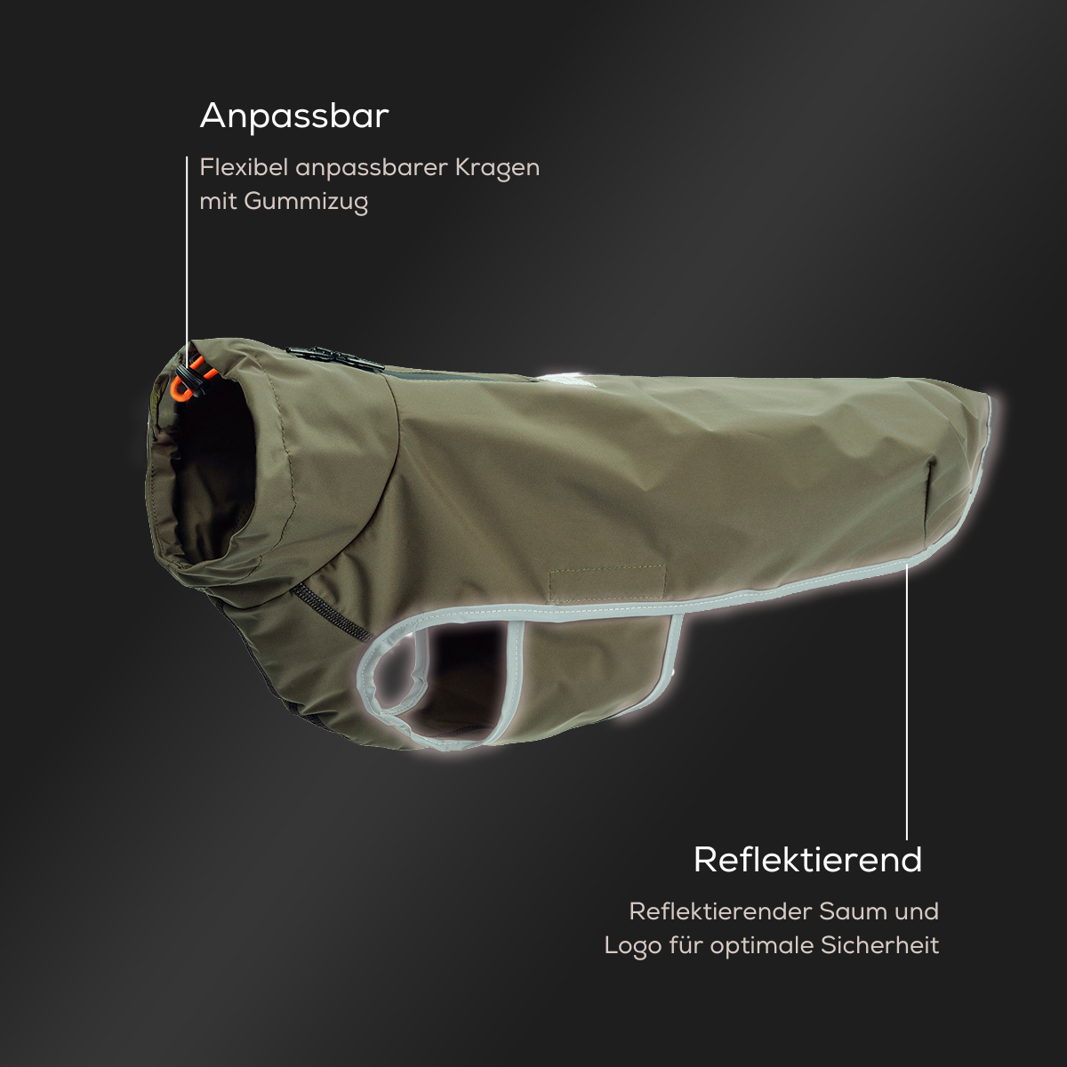 Leopold's Finest | Hunde Regenmantel Active in oliv für Dackel und kleine Hunde mit Reflexstreifen als Umrandung Produktdetails - Anpassbar und Reflektierend