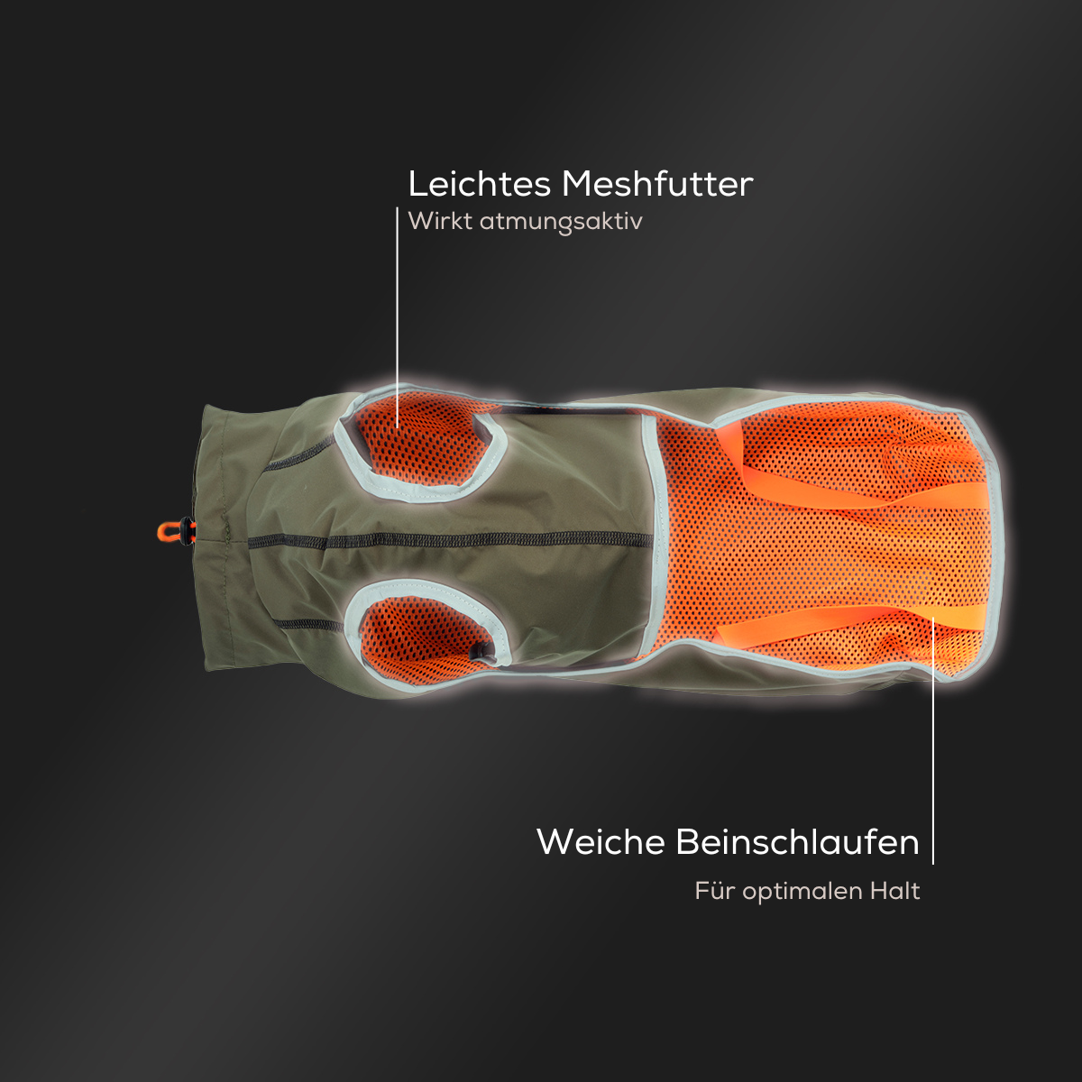 Leopold's Finest | Hunde Regenmantel Active in oliv für Dackel und kleine Hunde mit Reflexstreifen als Umrandung Sicht von unten Produktdetails - Leichtes Meshfutter und weiche Beinschlaufen